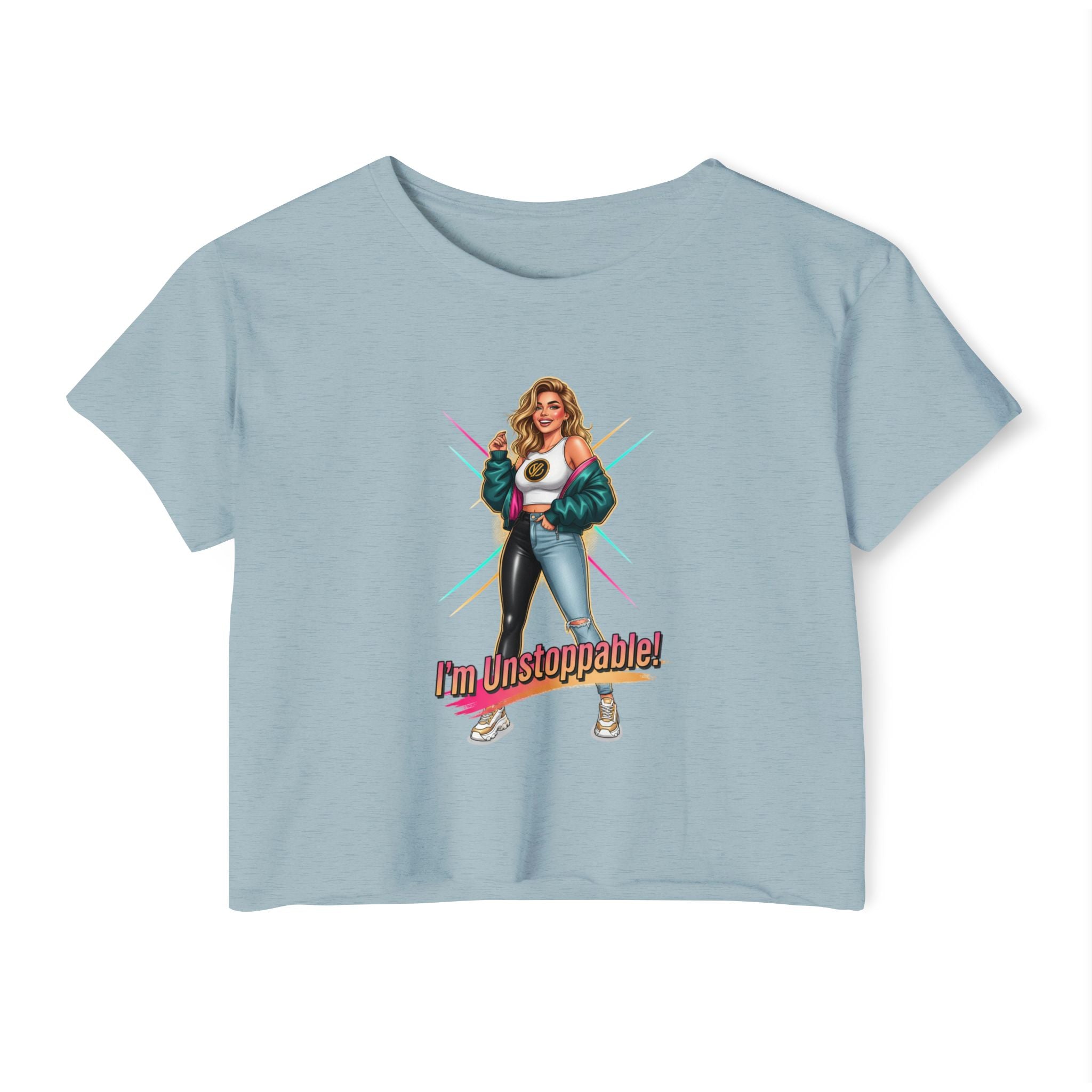 Women’s Festival Crop Top — “I’m Unstoppable!” Retro 80s Empowerment Tee