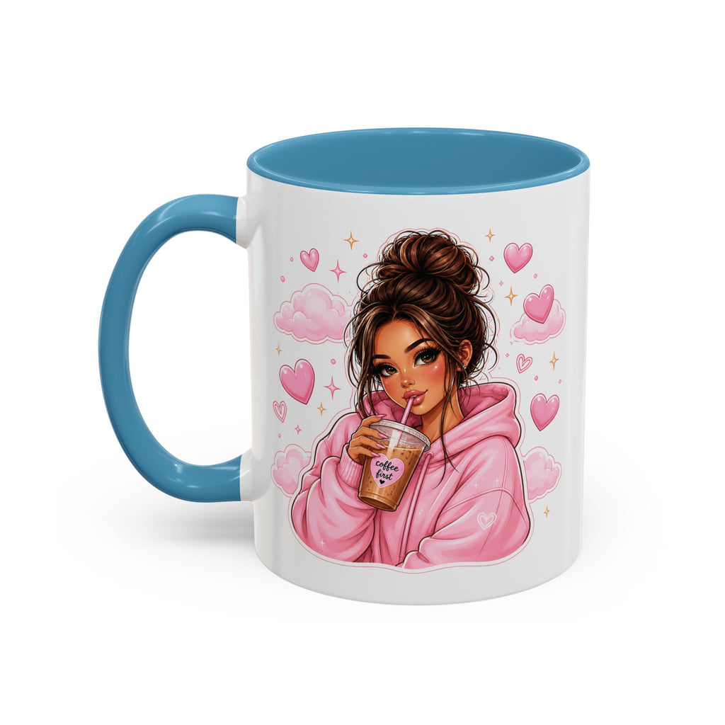 Cute Girl Pink Hoodie Coffee Mug — Iced Coffee Aesthetic Accent Mug (11/15oz)