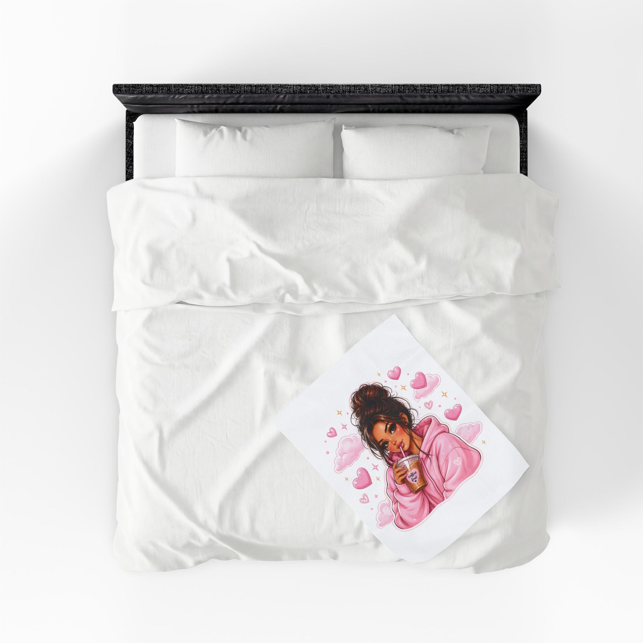 Velveteen Plush Blanket — Cozy Pink Hoodie Girl with Coffee Illustration