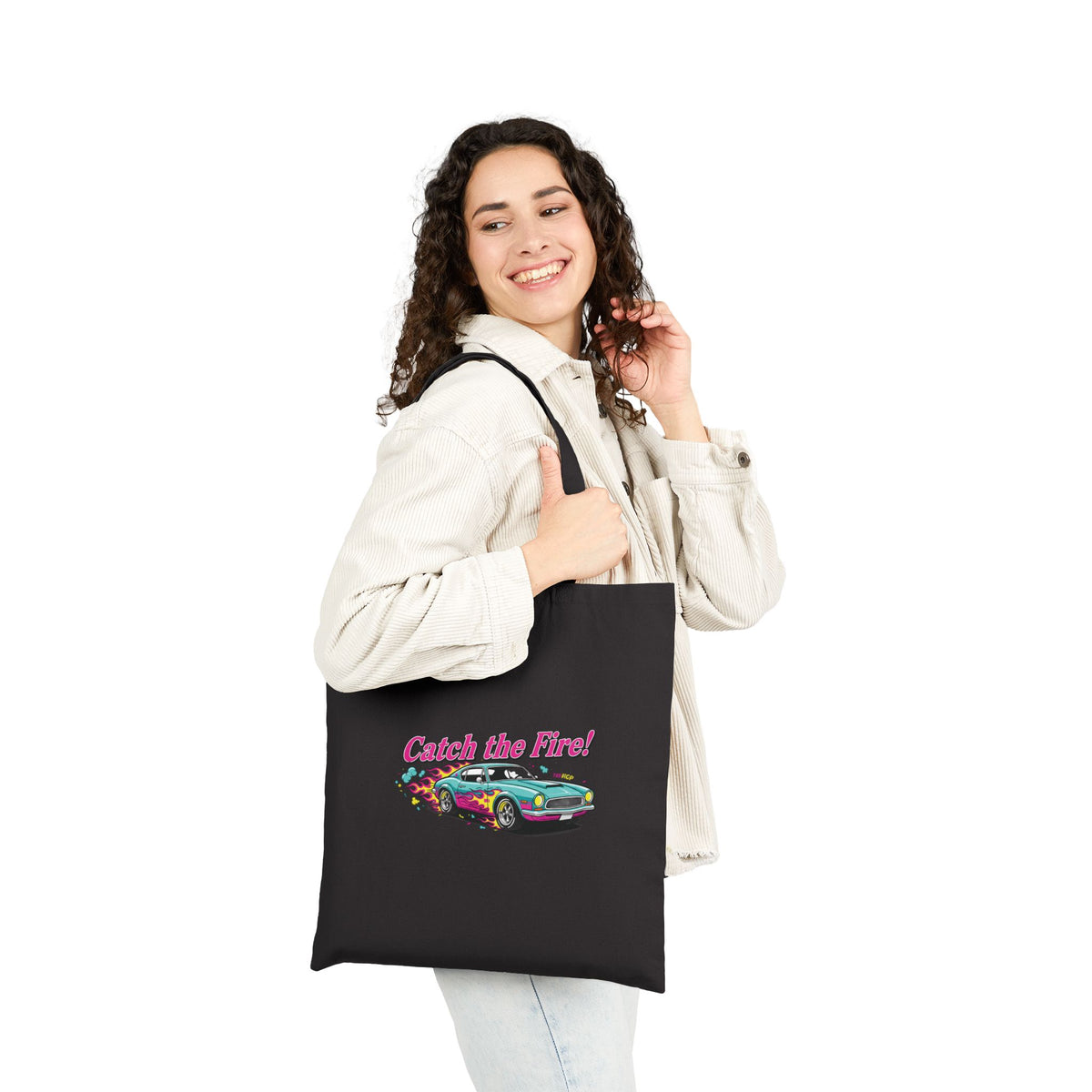 Retro Cartoon Dragster Racing Flame Canvas Tote