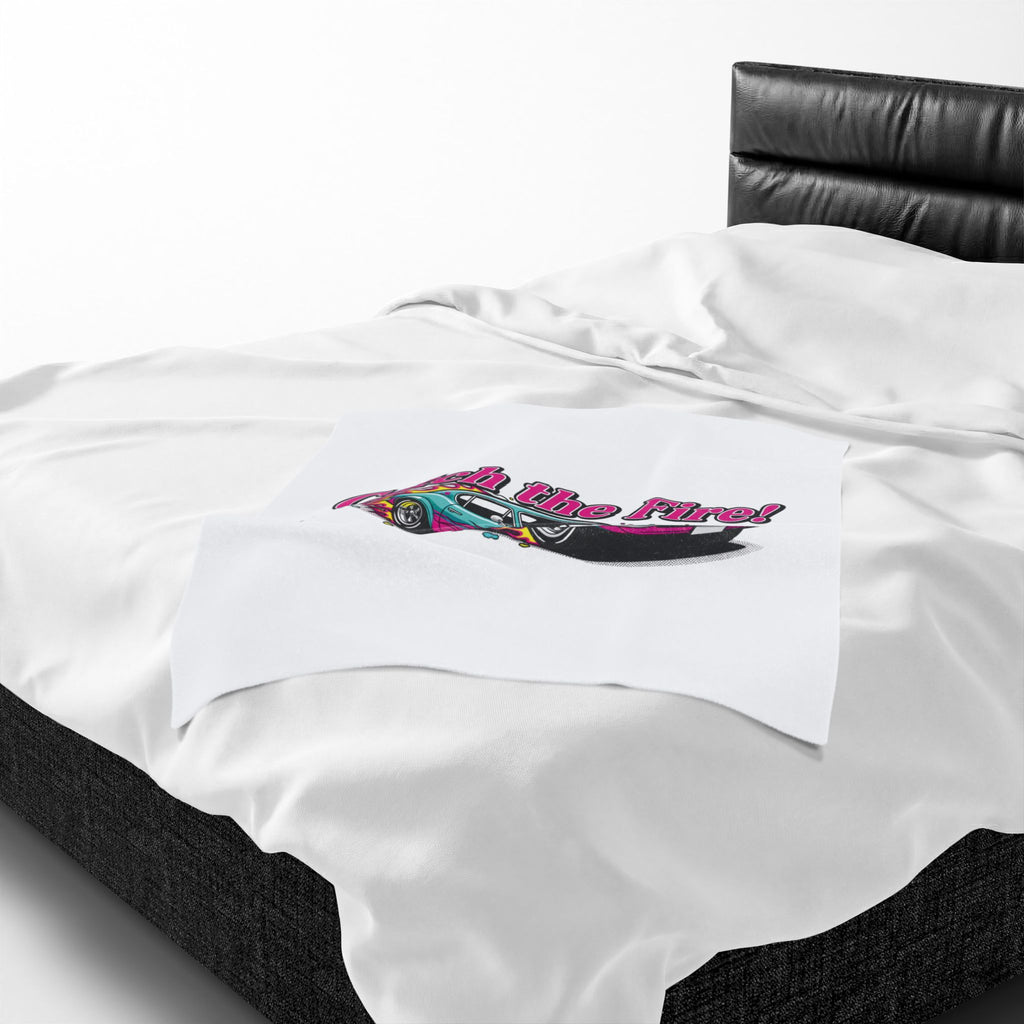 Catch the Fire Retro Cartoon Car Velveteen Plush Blanket | racing flame, vintage car illustration