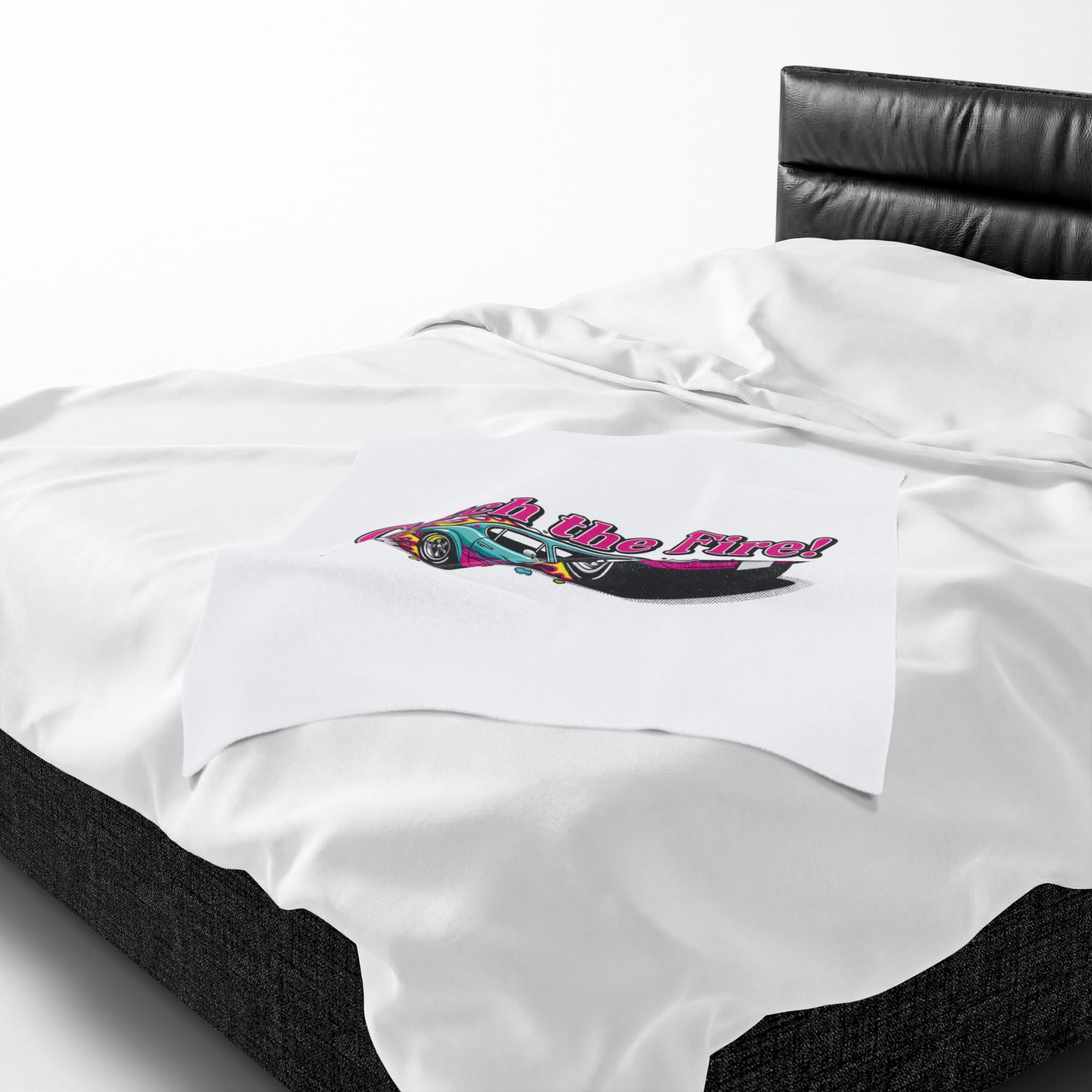 Catch the Fire Retro Cartoon Car Velveteen Plush Blanket | racing flame, vintage car illustration