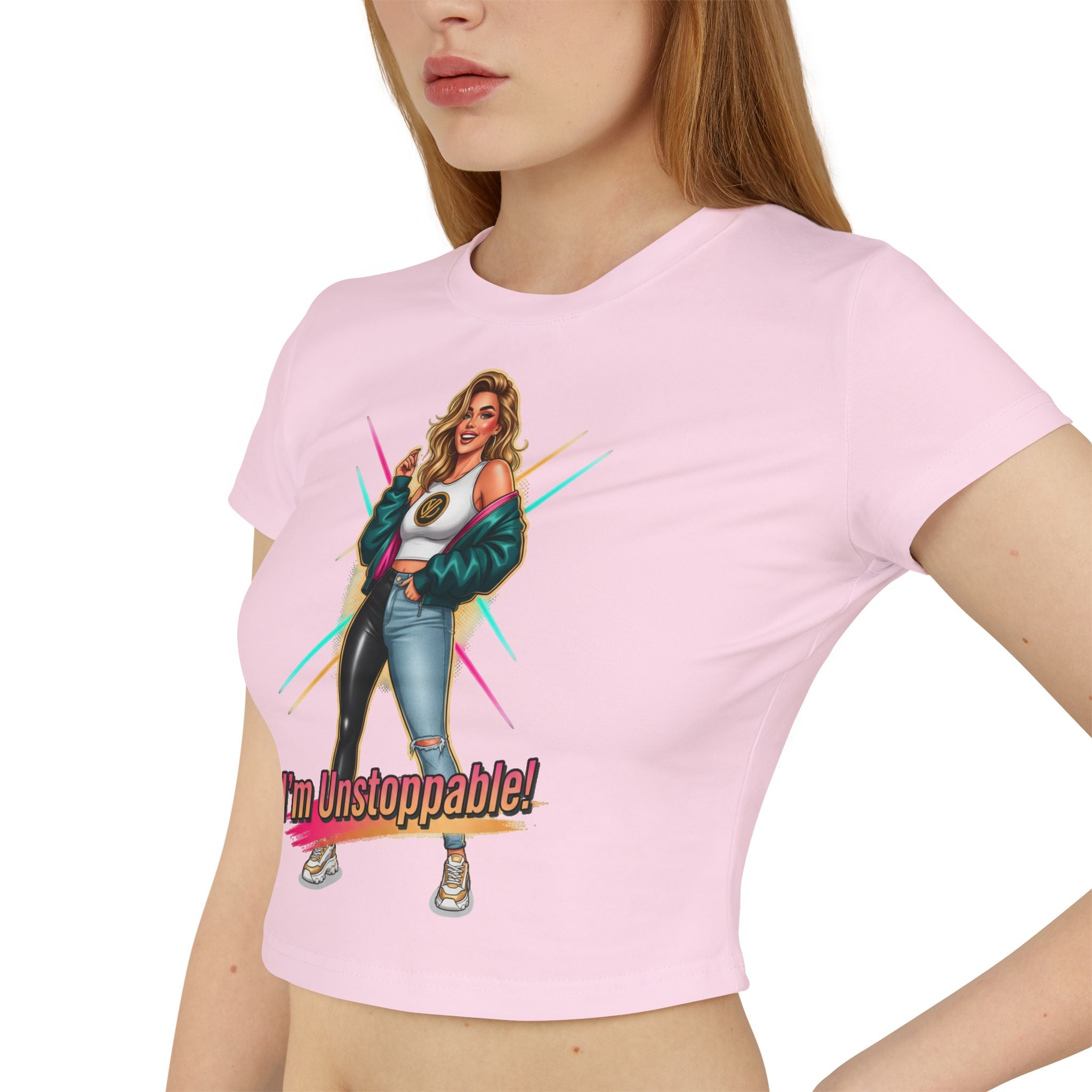 I'm Unstoppable! Women's Baby Tee - Empowering Retro Graphic Crop Top