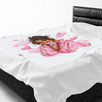 Velveteen Plush Blanket — Cozy Pink Hoodie Girl with Coffee Illustration