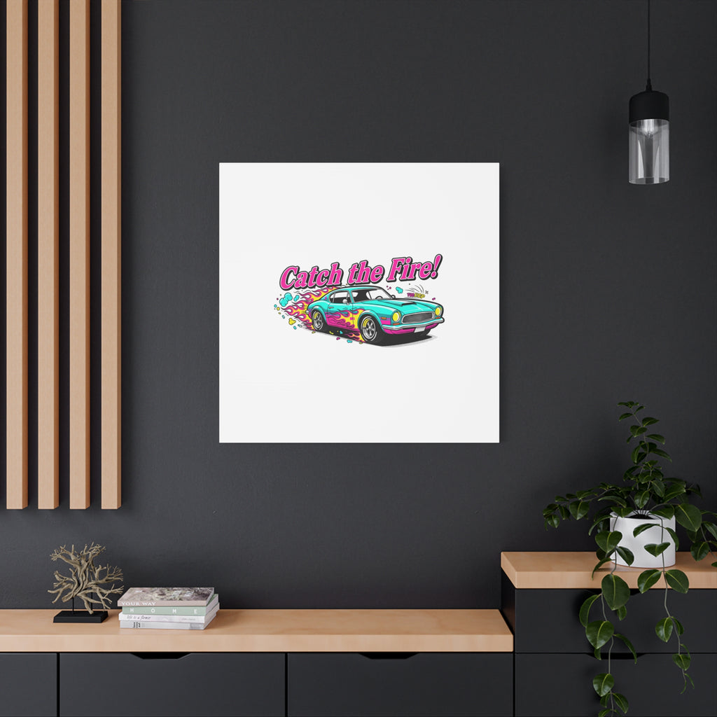 Catch the Fire Retro Car Canvas | Cartoon Racing Flame, Vintage Car Illustration