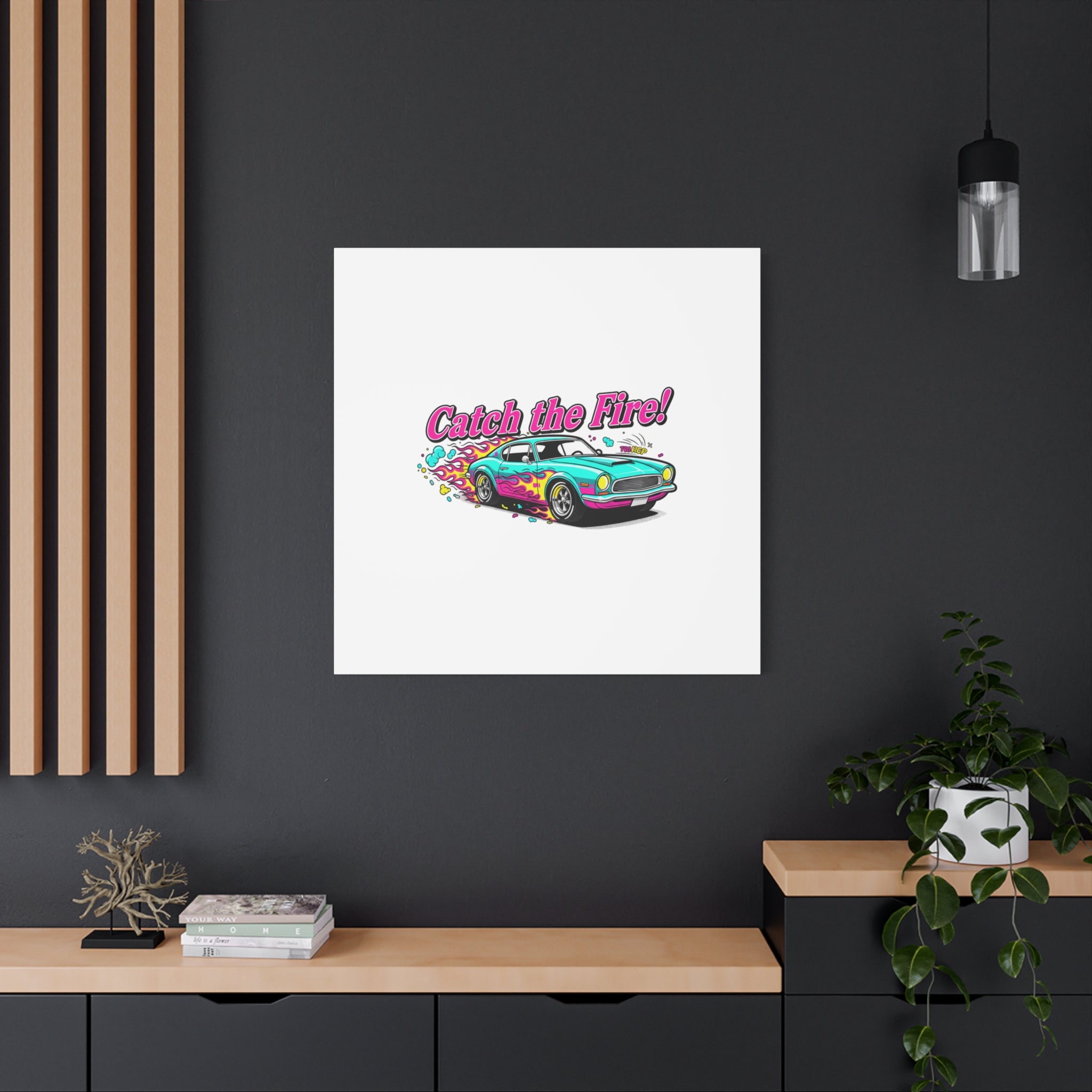 Catch the Fire Retro Car Canvas | Cartoon Racing Flame, Vintage Car Illustration