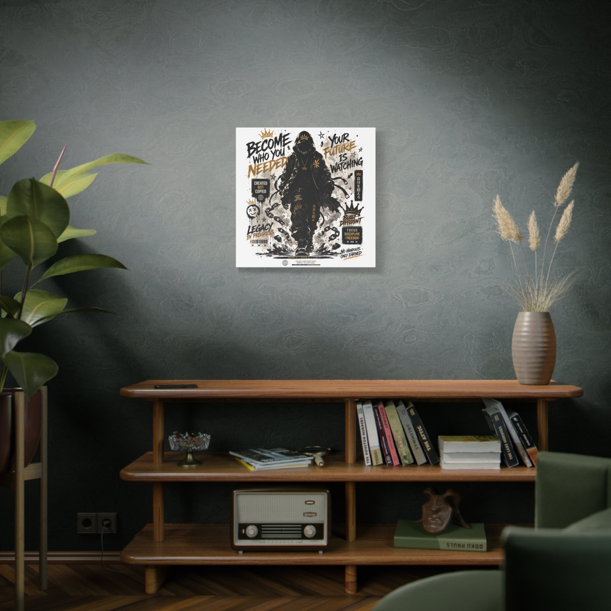 Motivational Street Art Canvas — "Become Who You Needed" Stretched Matte Print