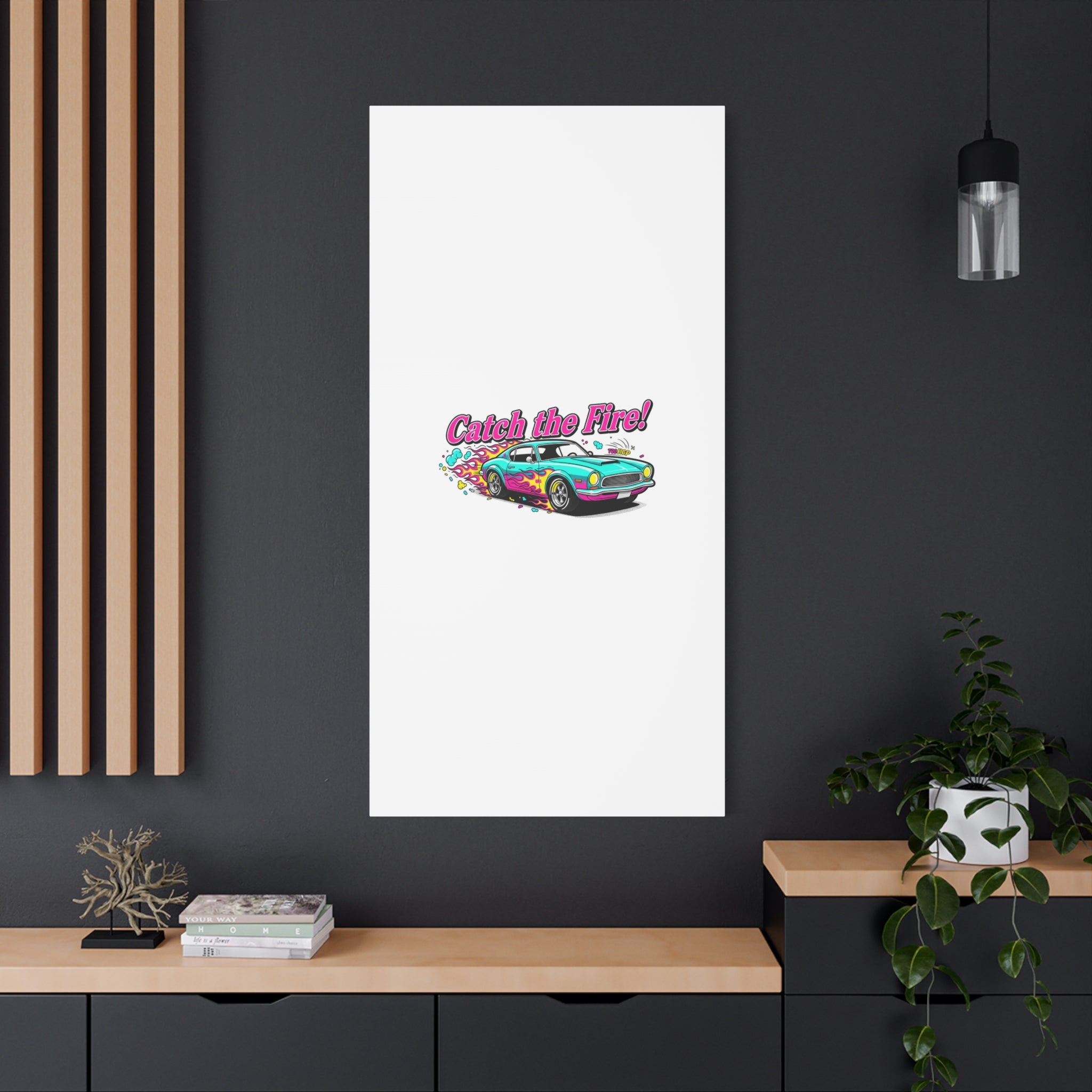 Catch the Fire Retro Car Canvas | Cartoon Racing Flame, Vintage Car Illustration