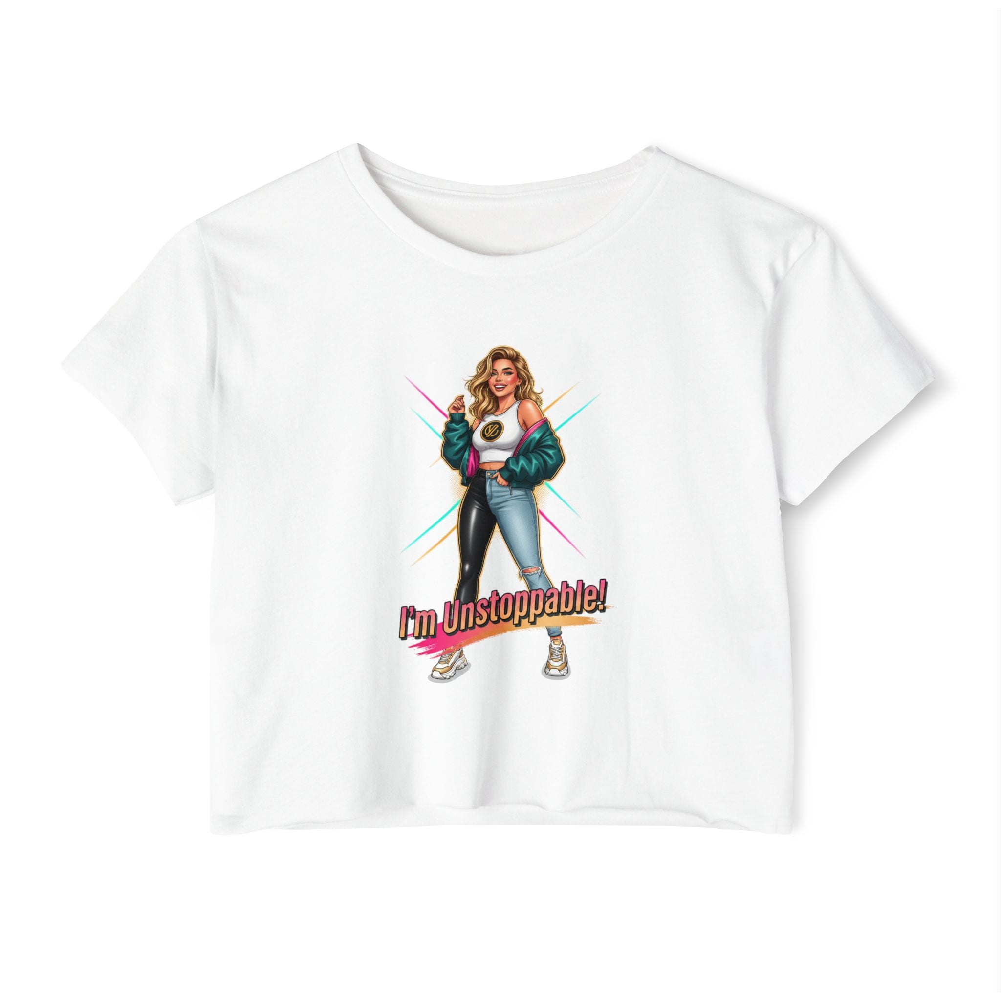 Women’s Festival Crop Top — “I’m Unstoppable!” Retro 80s Empowerment Tee