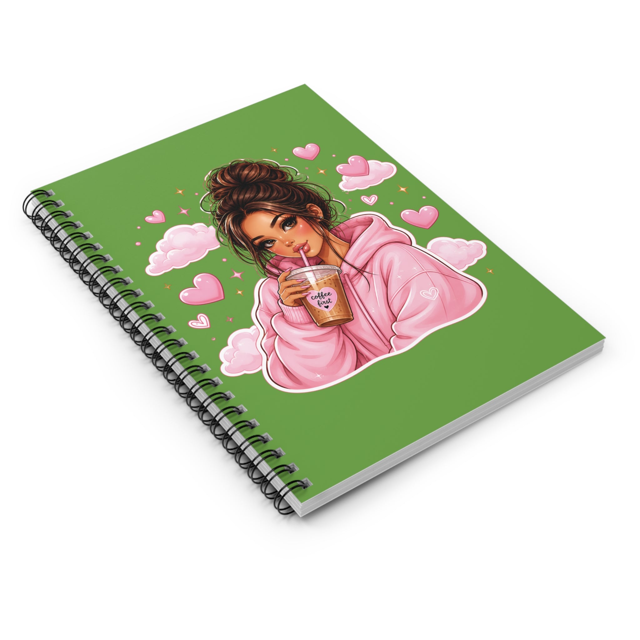 Green Aesthetic Notebook — Cozy Girl Drinking Coffee Illustration Spiral Journal