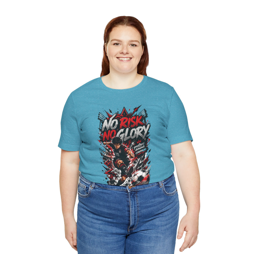 No Risk No Glory Soccer T-Shirt — Dynamic Football Player Graphic Tee
