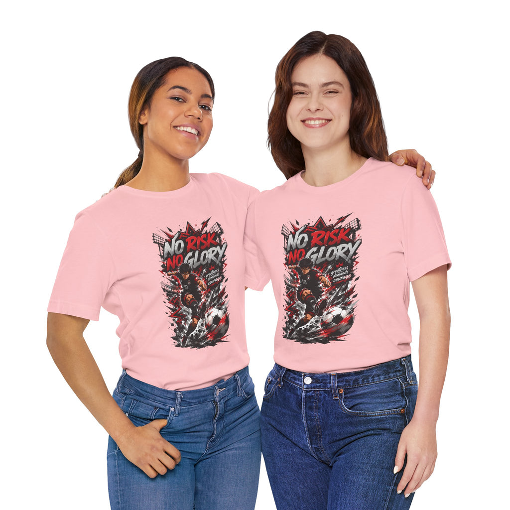 No Risk No Glory Soccer T-Shirt — Dynamic Football Player Graphic Tee