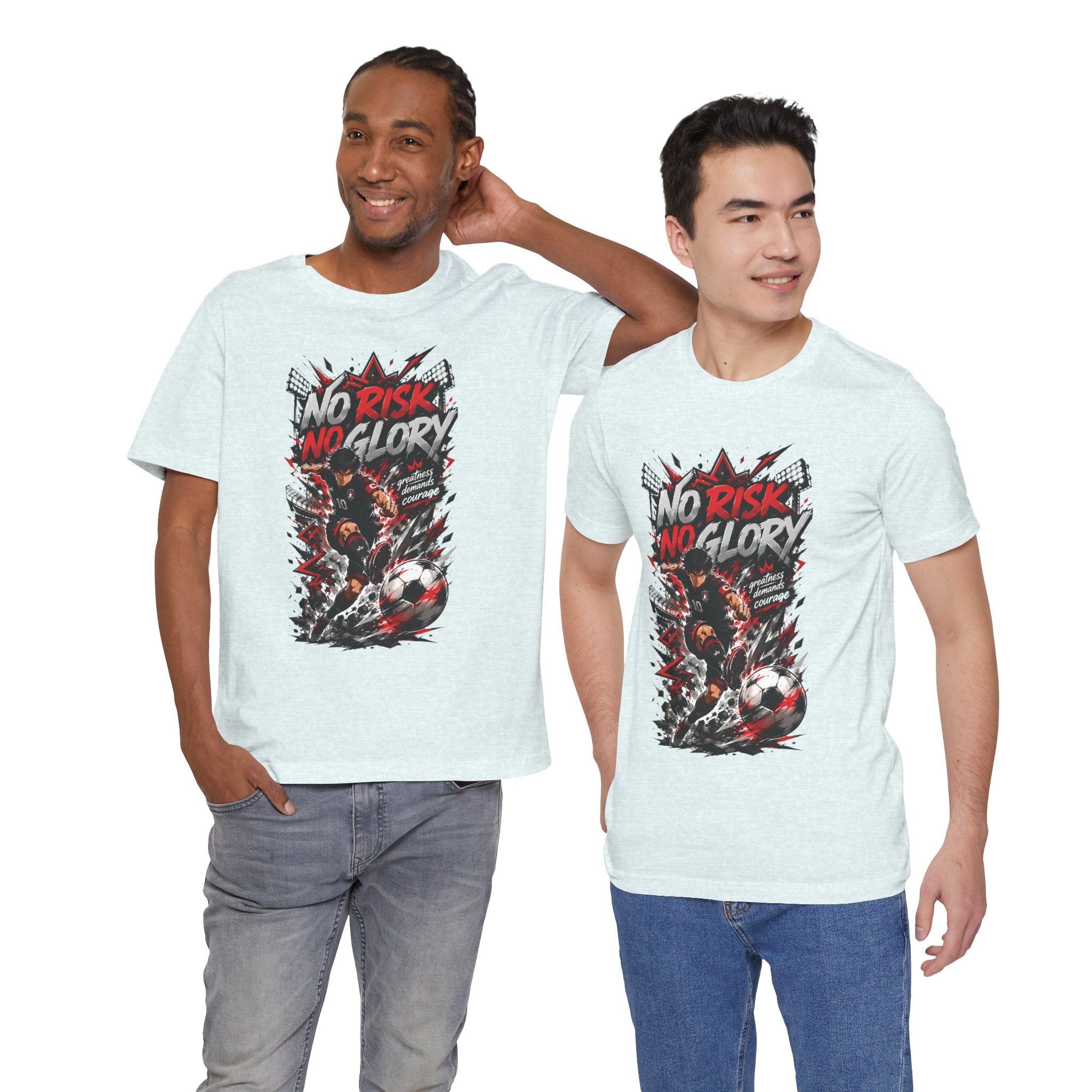 No Risk No Glory Soccer T-Shirt — Dynamic Football Player Graphic Tee