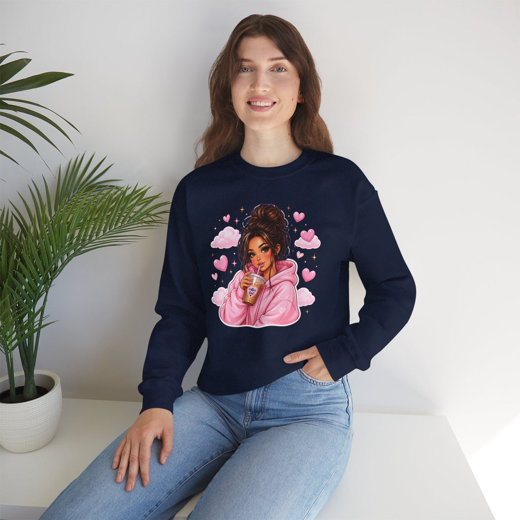 Cozy Pink Heart Girl Crewneck Sweatshirt