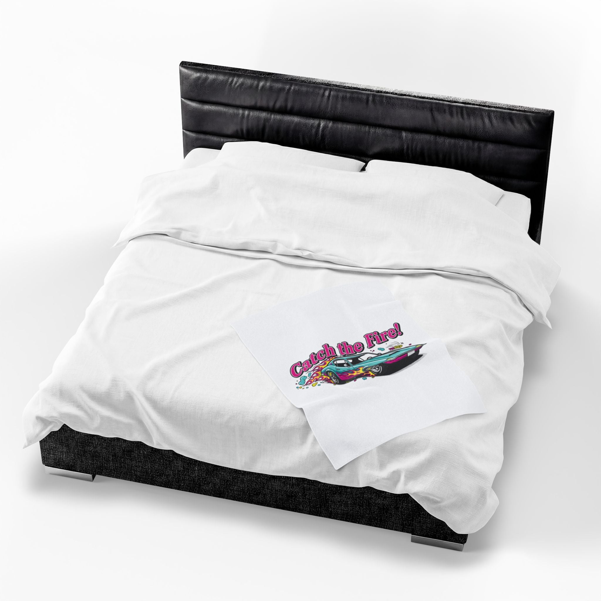 Catch the Fire Retro Cartoon Car Velveteen Plush Blanket | racing flame, vintage car illustration