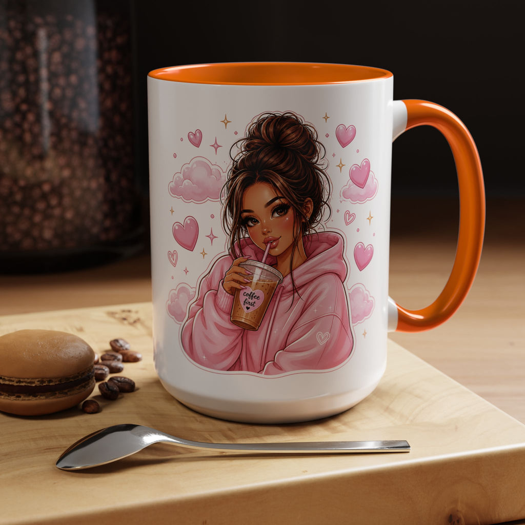 Cute Girl Pink Hoodie Coffee Mug — Iced Coffee Aesthetic Accent Mug (11/15oz)