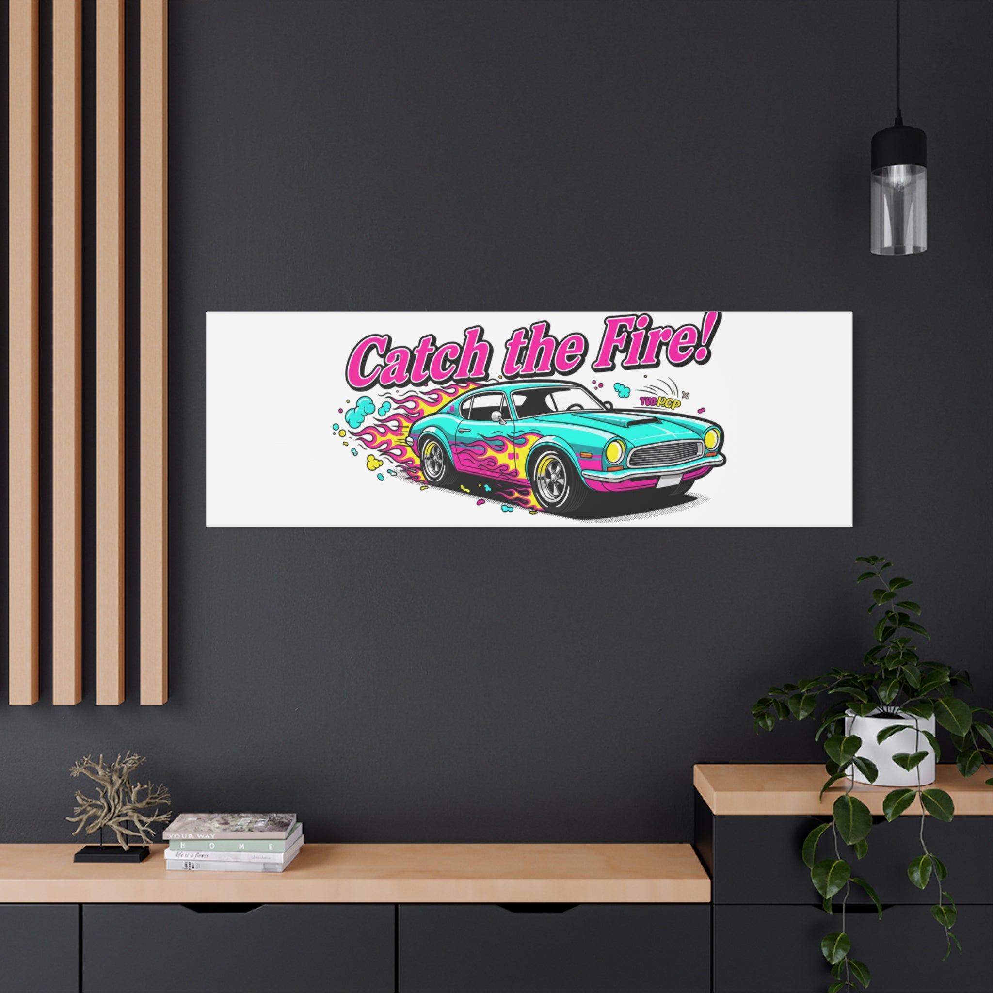 Catch the Fire Retro Car Canvas | Cartoon Racing Flame, Vintage Car Illustration