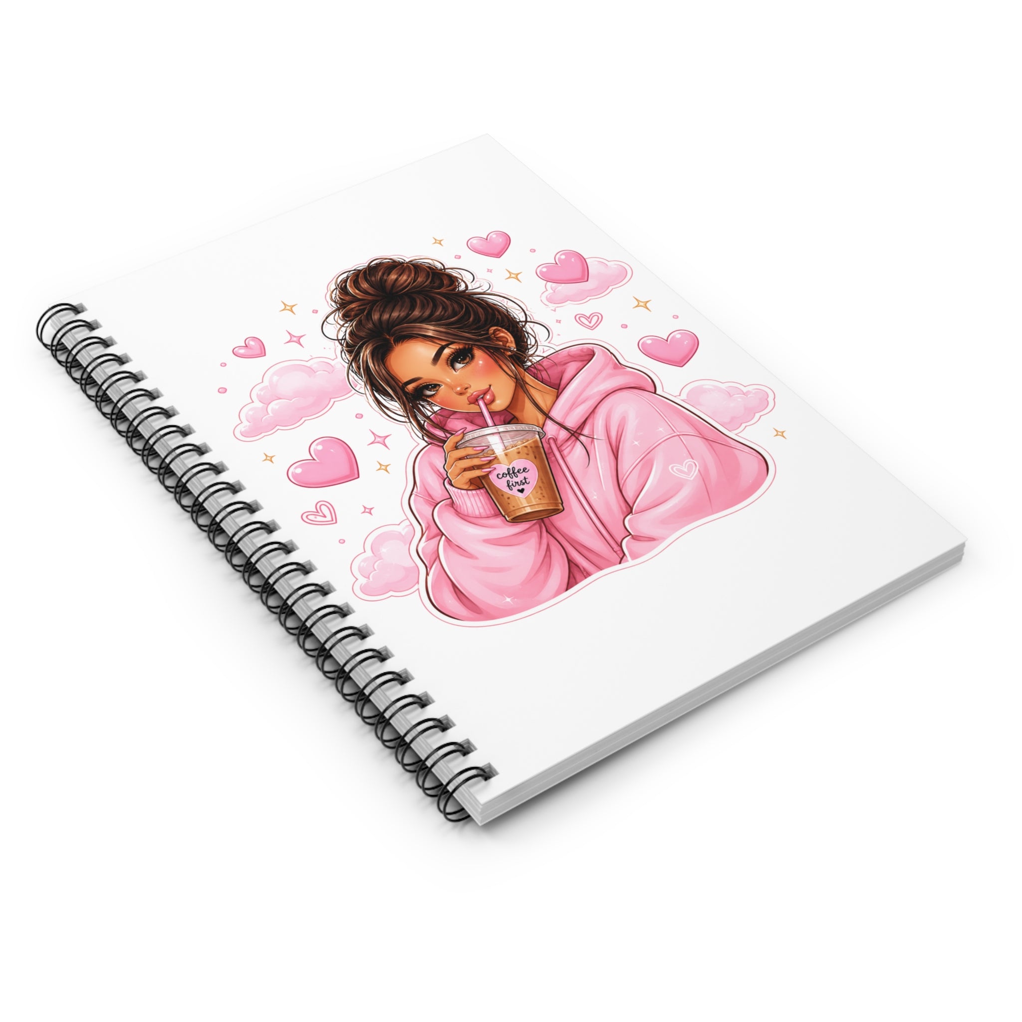 Cute Girl Pink Hoodie Notebook — Spiral Ruled Journal with Coffee & Hearts Design