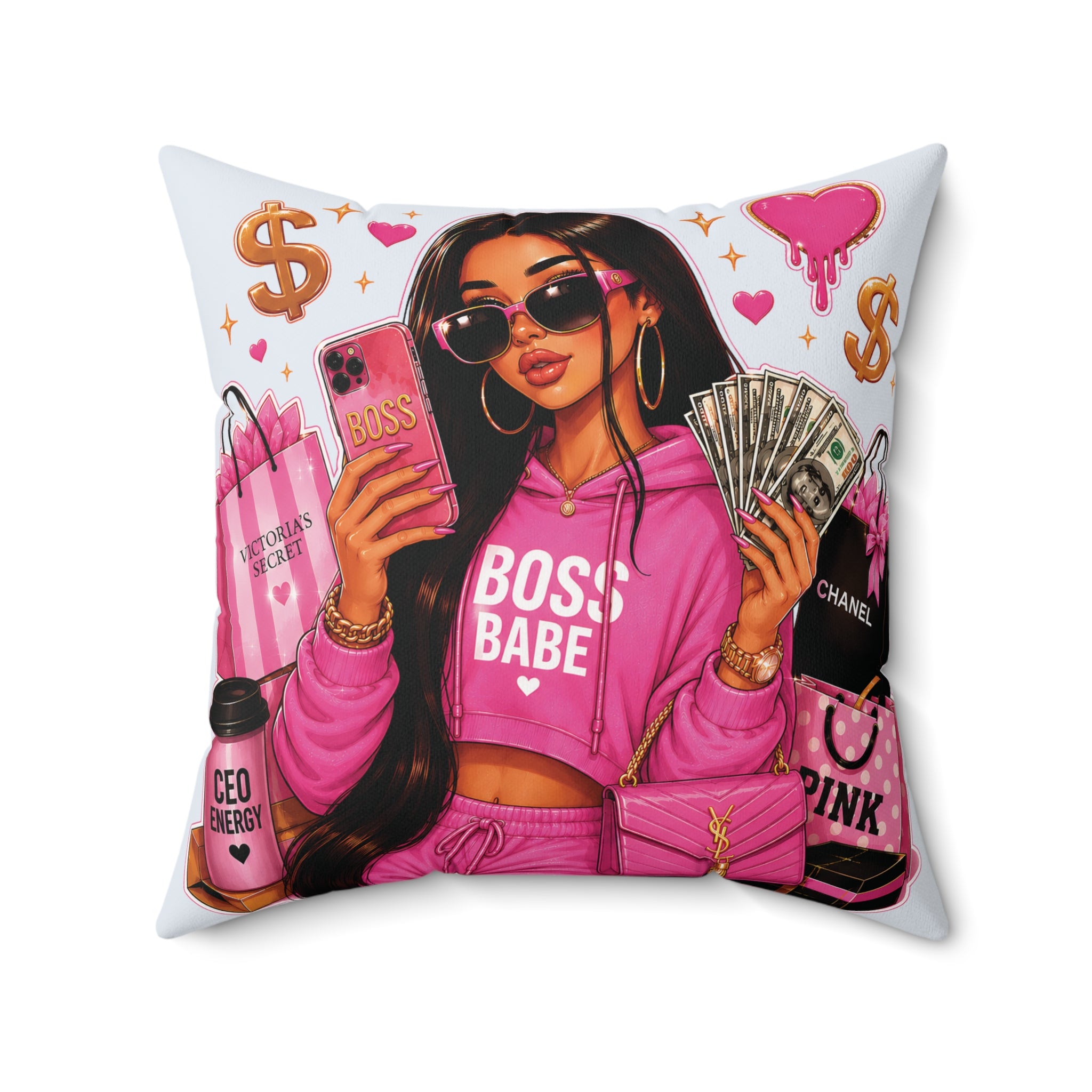 Boss Babe Pink Fashion Pillow — 'BOSS BABE' Square Decorative Cushion (Soft Ice Blue)