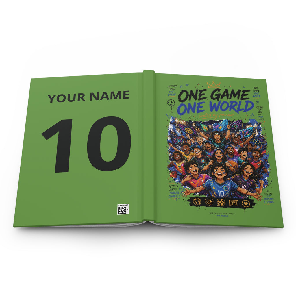 One Game One World Soccer Hardcover Journal — Personalized Number 10 Notebook