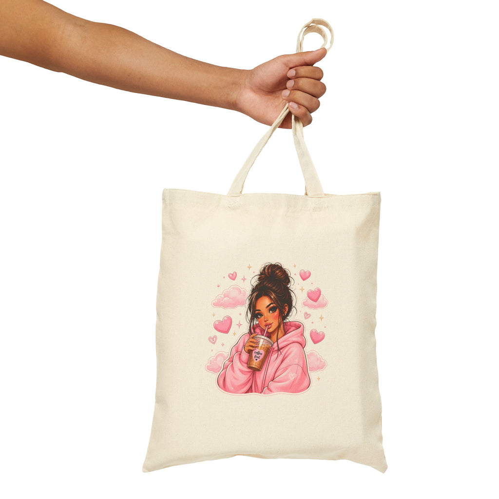 Cute Girl with Coffee Canvas Tote Bag - Pink Hoodie Illustration