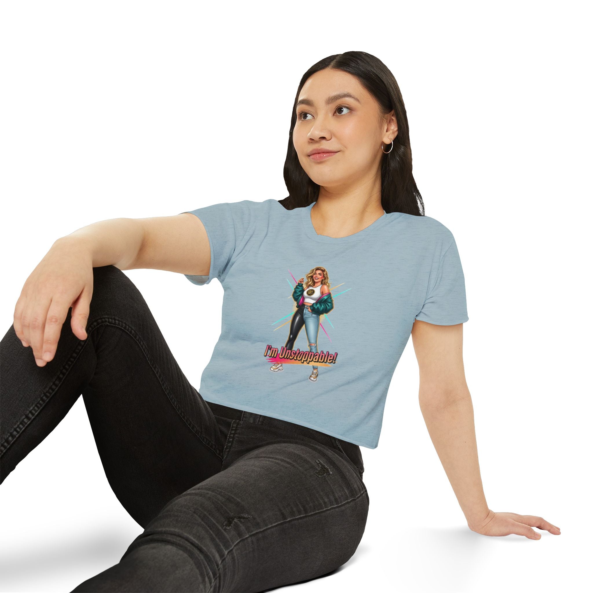 Women’s Festival Crop Top — “I’m Unstoppable!” Retro 80s Empowerment Tee