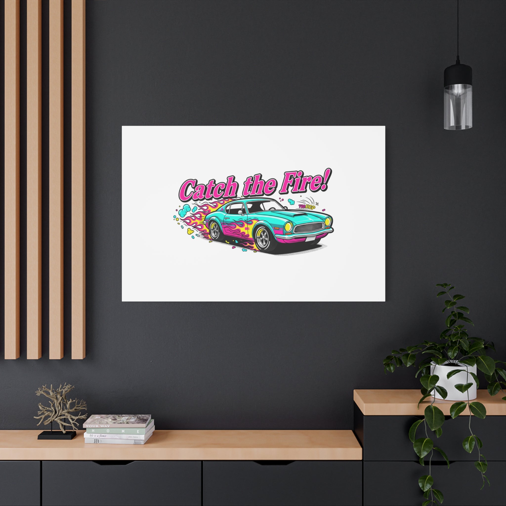 Catch the Fire Retro Car Canvas | Cartoon Racing Flame, Vintage Car Illustration