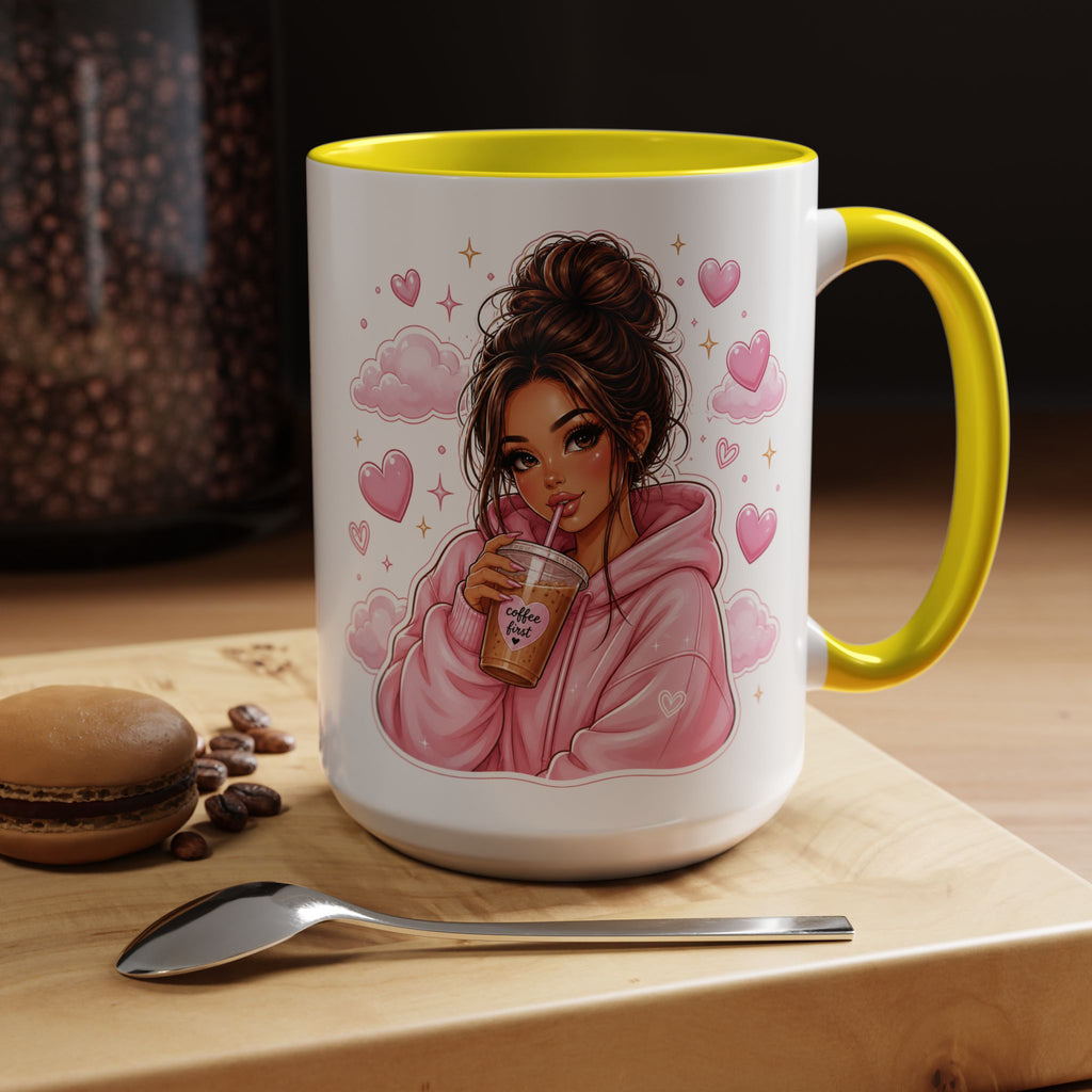 Cute Girl Pink Hoodie Coffee Mug — Iced Coffee Aesthetic Accent Mug (11/15oz)