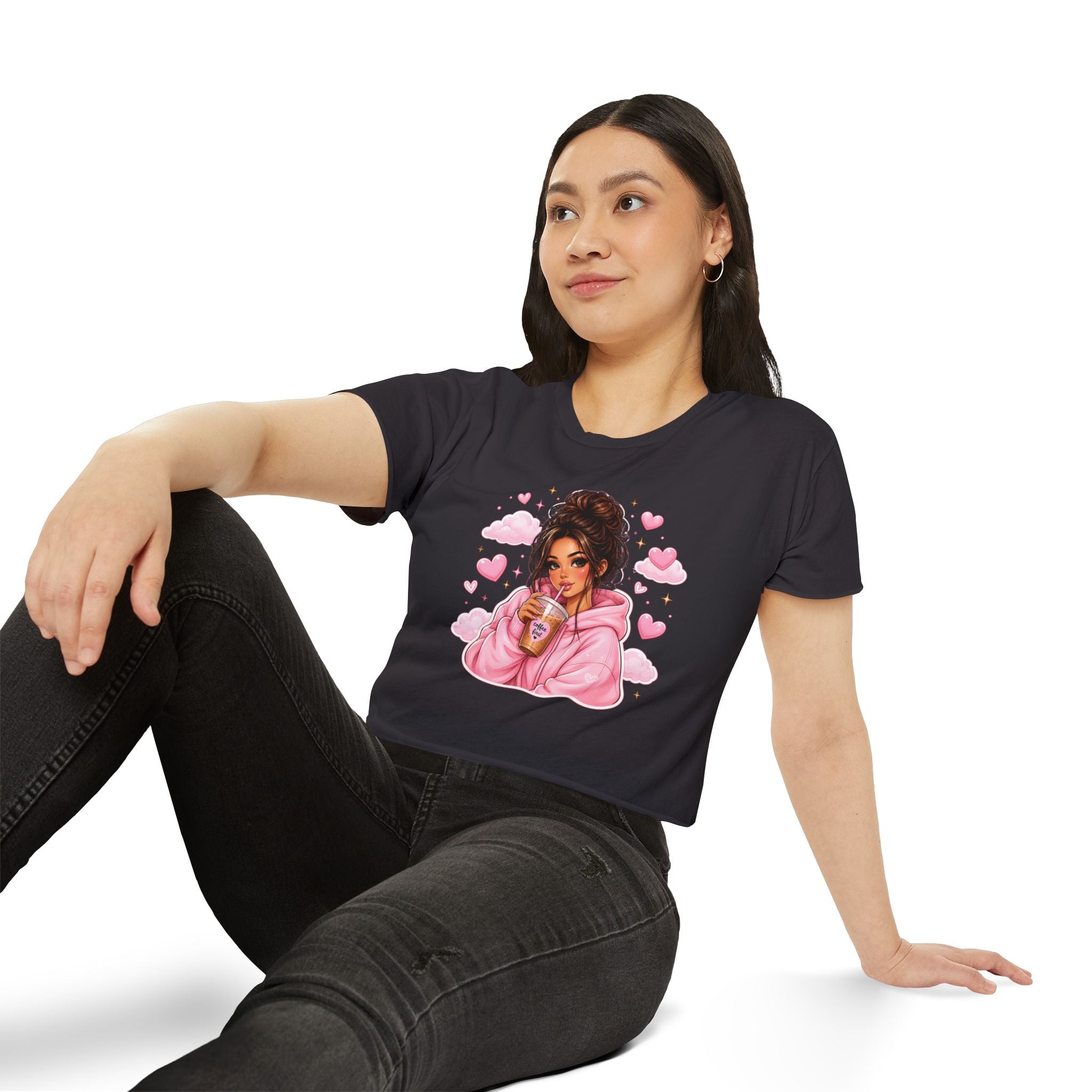 Women's Crop Top — Cute Pink Hoodie Girl Drinking Boba Illustration