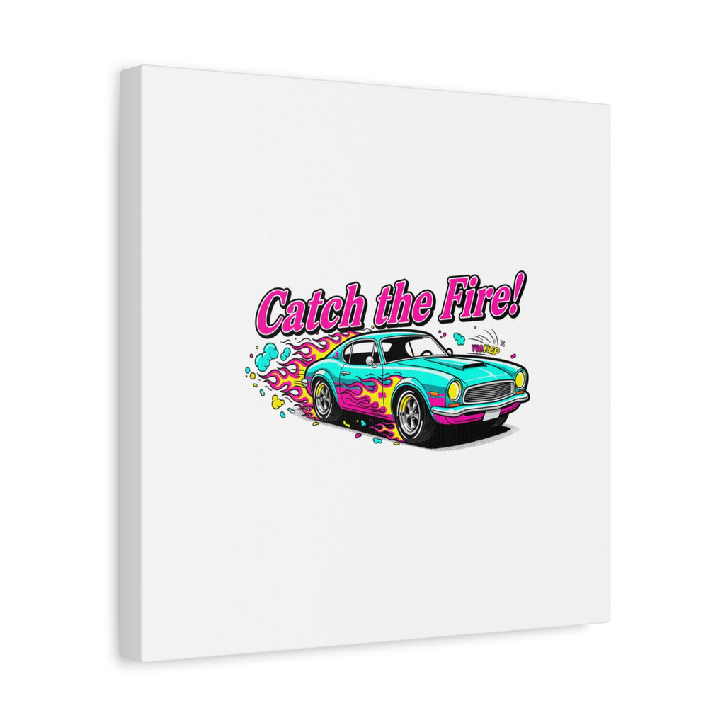 Catch the Fire Retro Car Canvas | Cartoon Racing Flame, Vintage Car Illustration