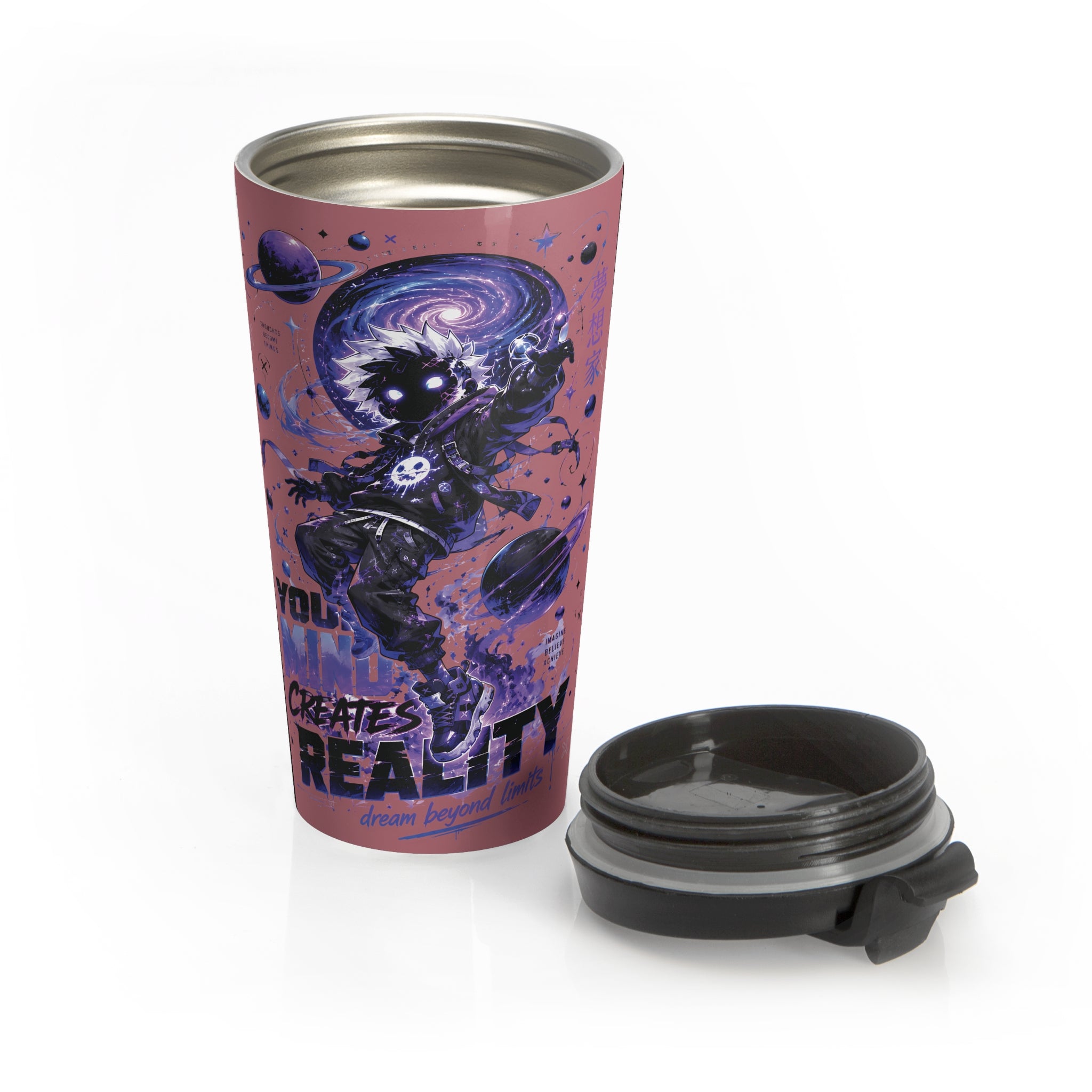 Cosmic Astronaut Travel Mug — "You Recreate Reality" Stainless Steel Tumbler (Rosegold)