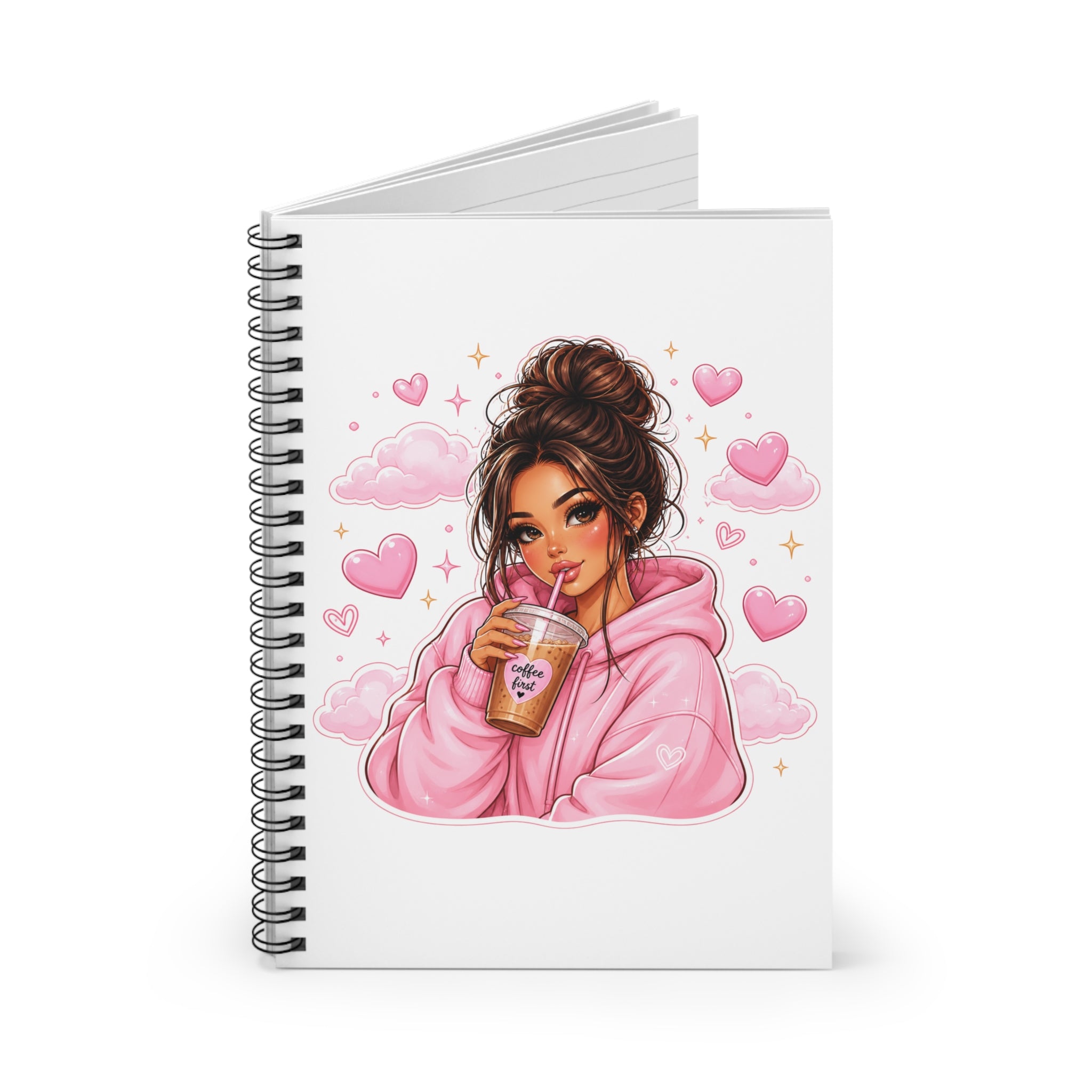 Cute Girl Pink Hoodie Notebook — Spiral Ruled Journal with Coffee & Hearts Design
