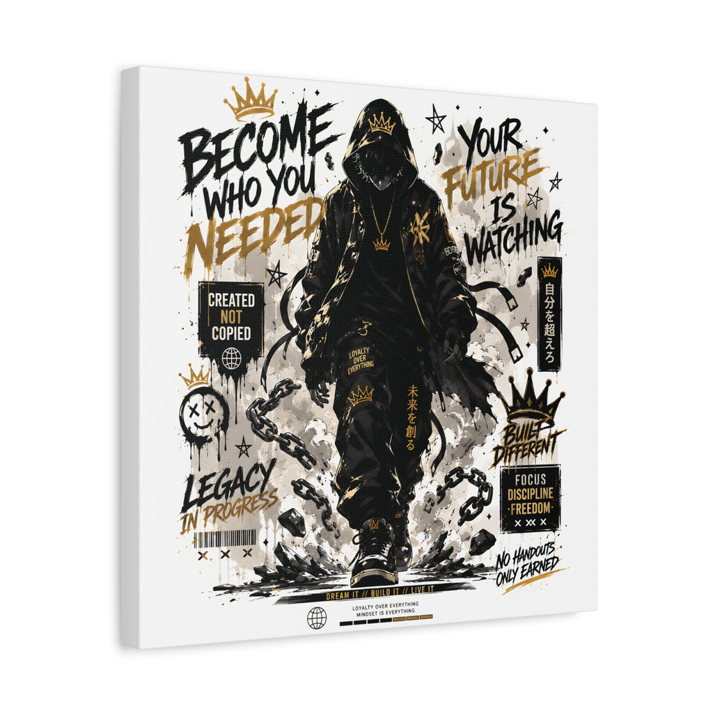 Motivational Street Art Canvas — "Become Who You Needed" Stretched Matte Print