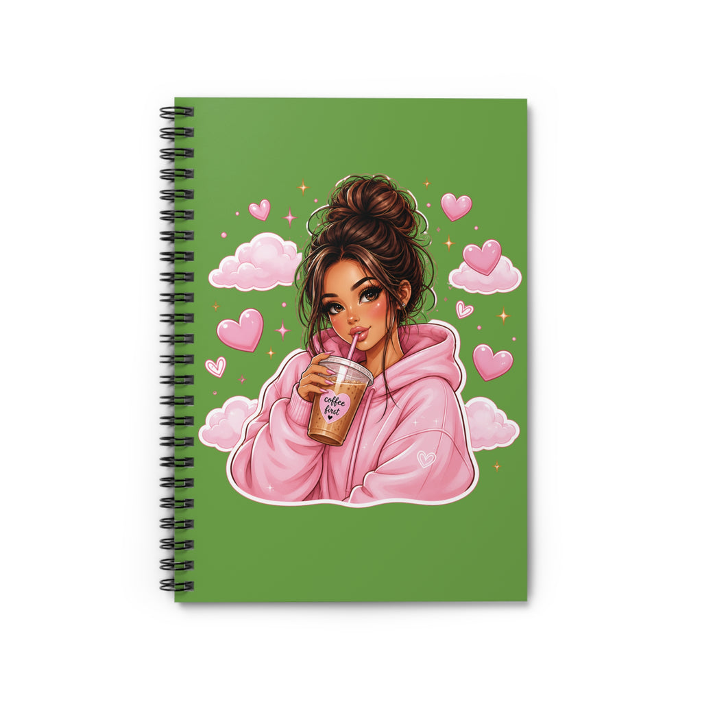 Green Aesthetic Notebook — Cozy Girl Drinking Coffee Illustration Spiral Journal