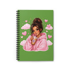 Green Aesthetic Notebook — Cozy Girl Drinking Coffee Illustration Spiral Journal
