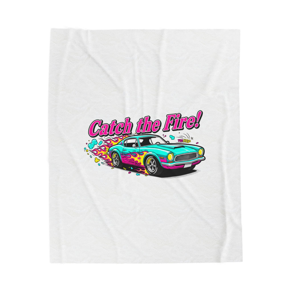 Catch the Fire Retro Cartoon Car Velveteen Plush Blanket | racing flame, vintage car illustration