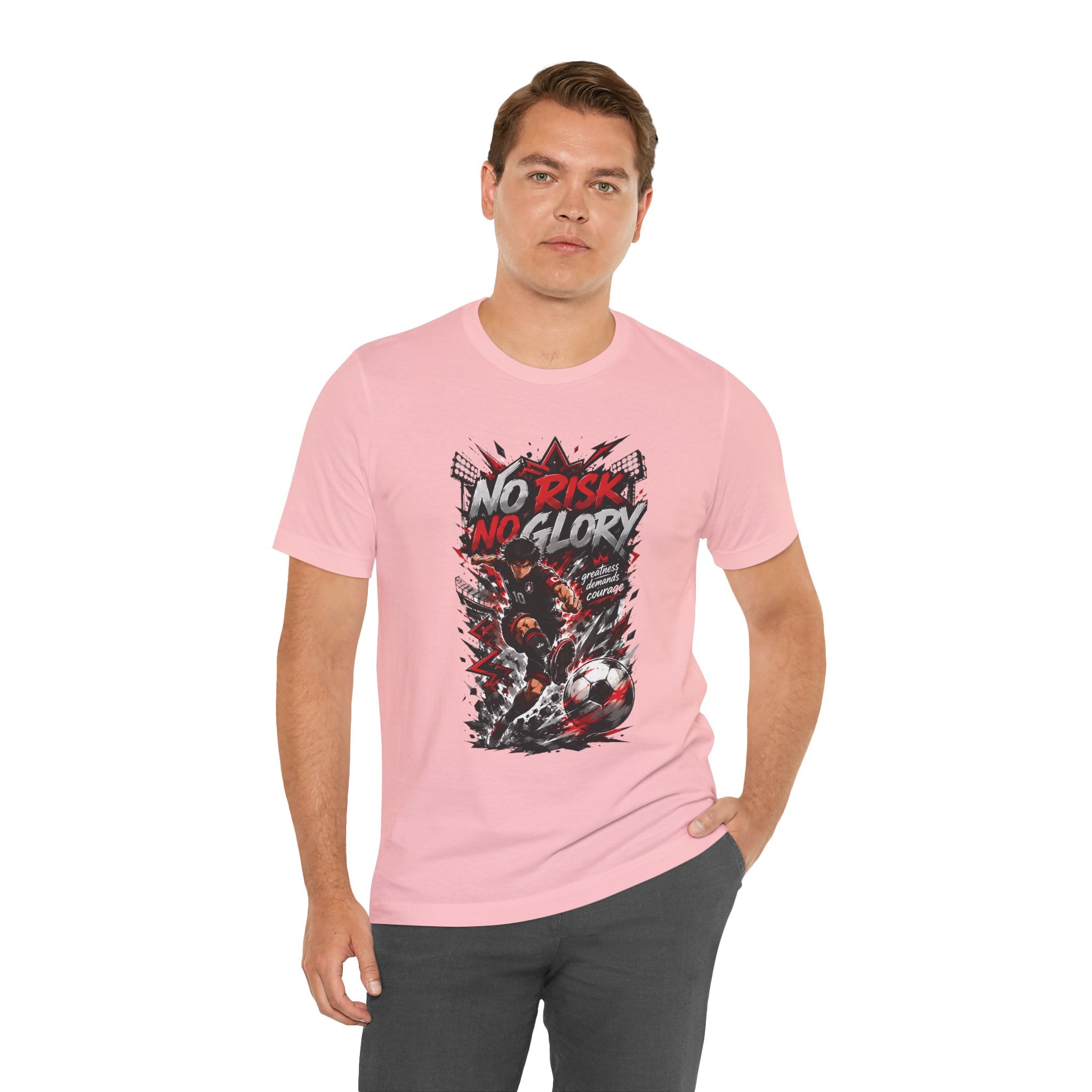 No Risk No Glory Soccer T-Shirt — Dynamic Football Player Graphic Tee