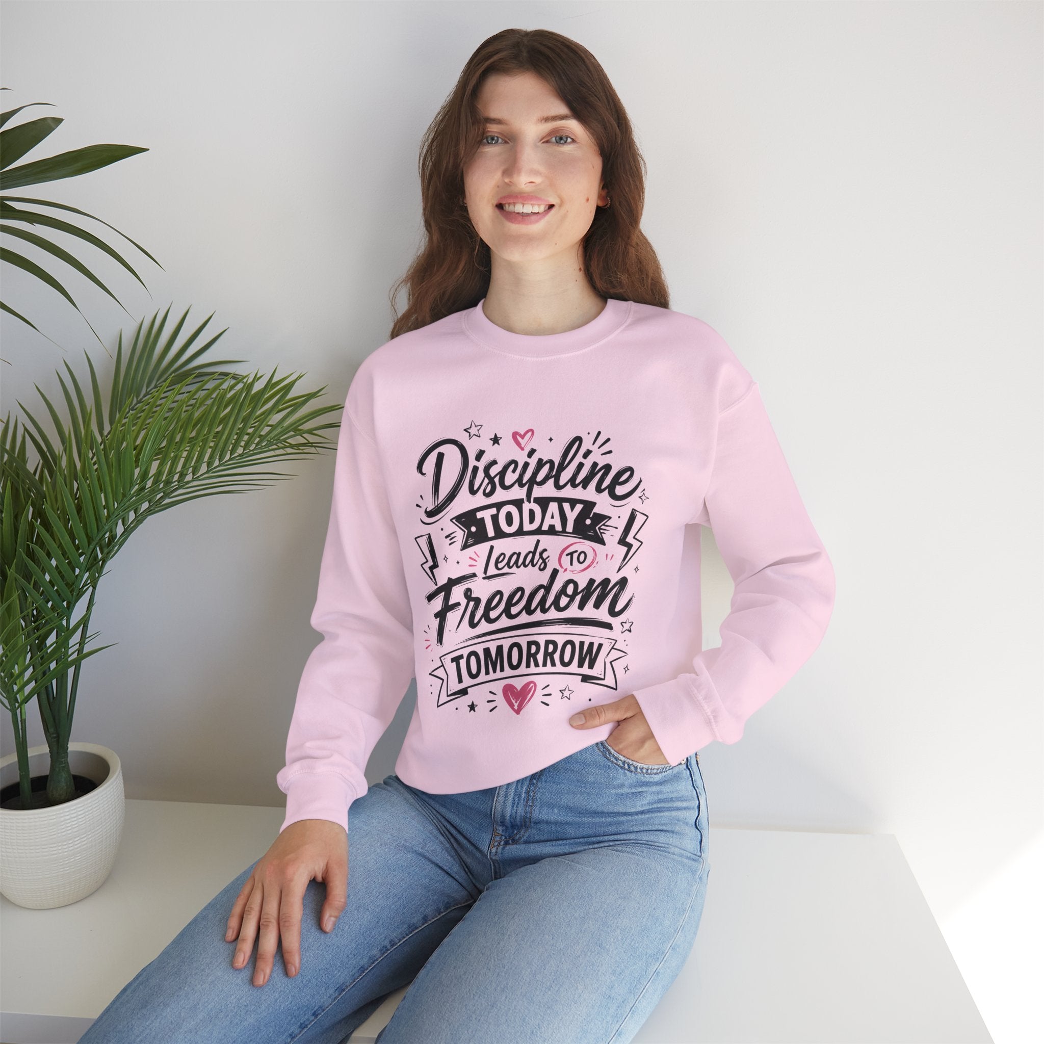 Crewneck Sweatshirt — "Discipline Today Leads to Freedom Tomorrow" Motivational Graphic