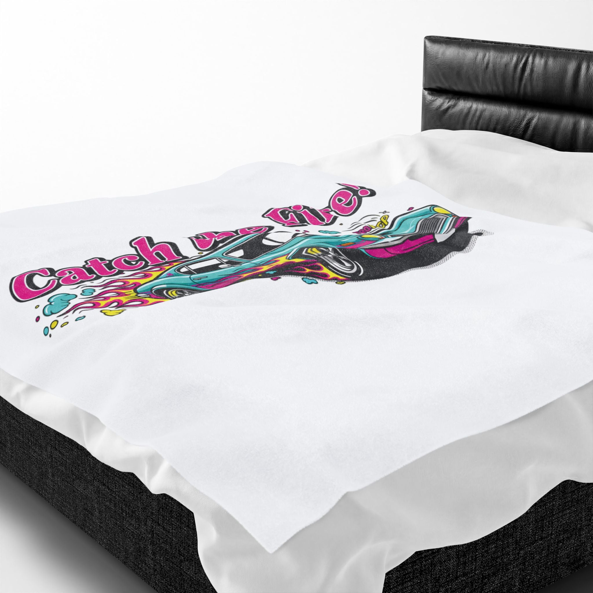 Catch the Fire Retro Cartoon Car Velveteen Plush Blanket | racing flame, vintage car illustration