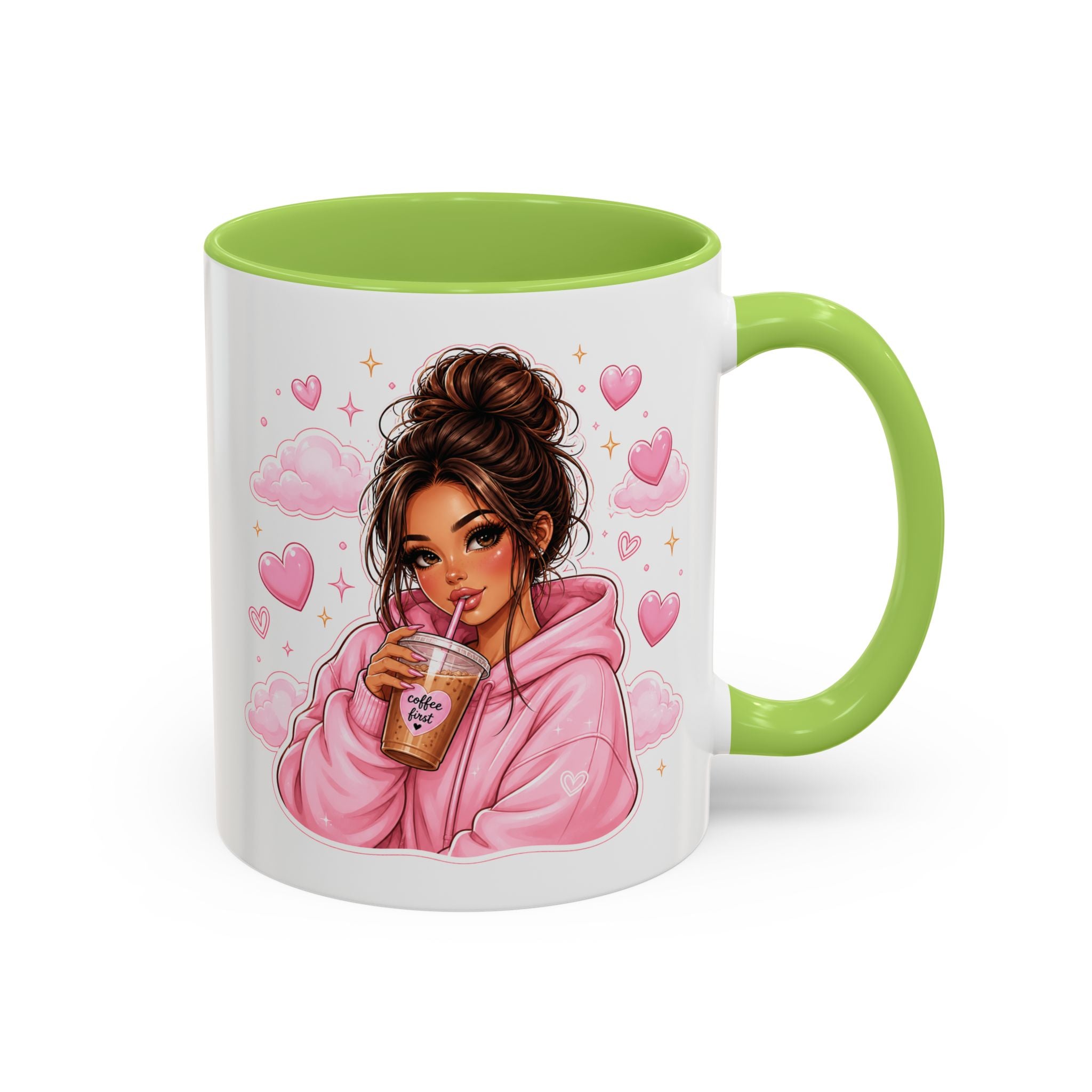 Cute Girl Pink Hoodie Coffee Mug — Iced Coffee Aesthetic Accent Mug (11/15oz)