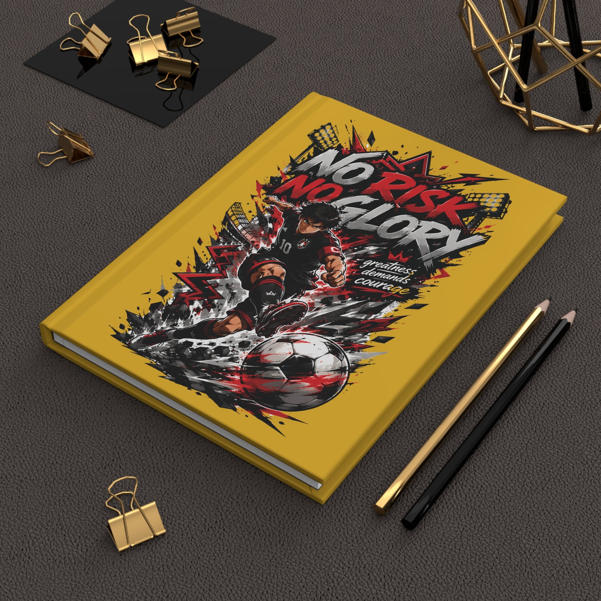 Hardcover Journal — "No Risk No Glory" Soccer Player Motivational Notebook