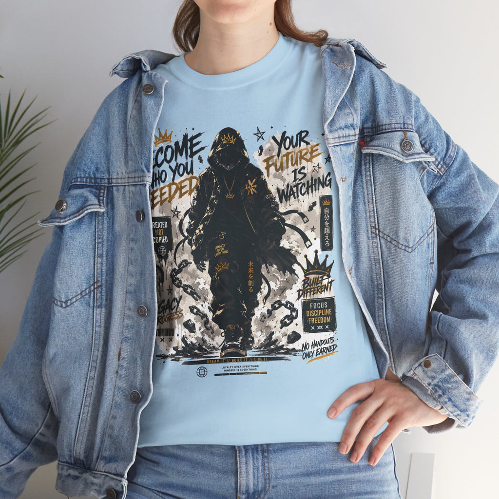 Motivational Soldier Graphic Tee – "Become Who You Needed" Inspirational Military Design