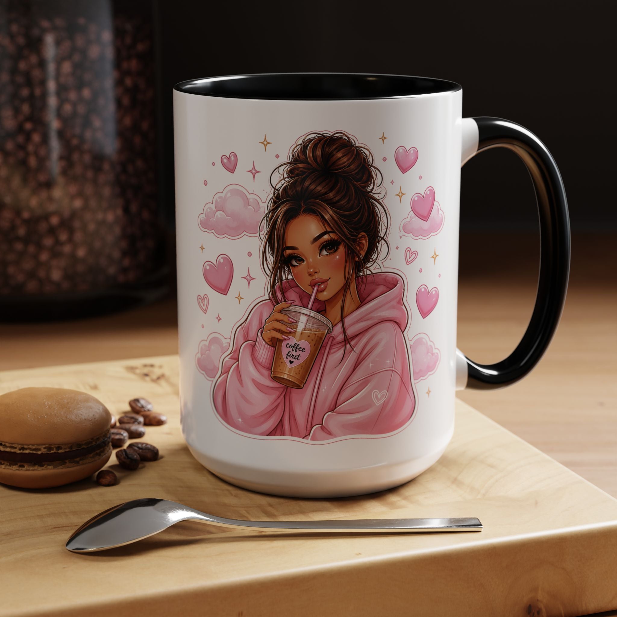 Cute Girl Pink Hoodie Coffee Mug — Iced Coffee Aesthetic Accent Mug (11/15oz)