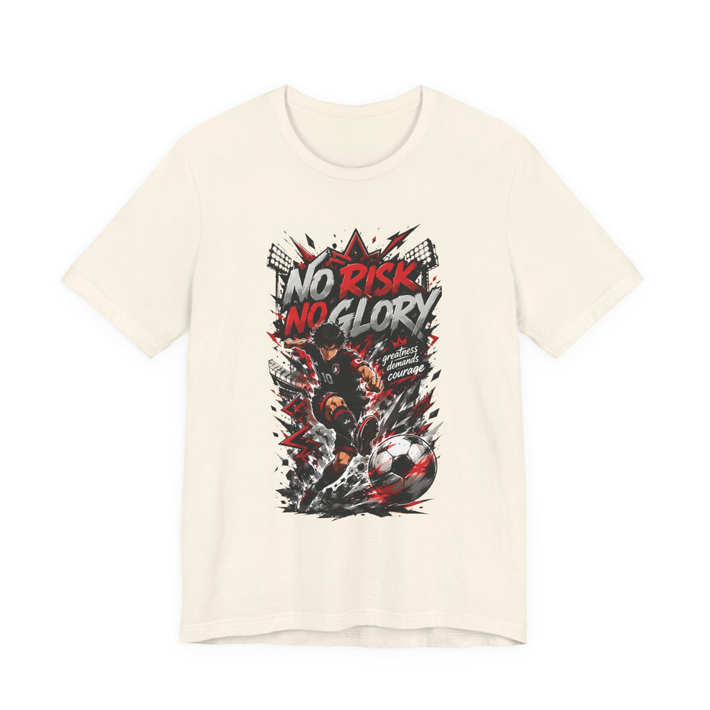 No Risk No Glory Soccer T-Shirt — Dynamic Football Player Graphic Tee