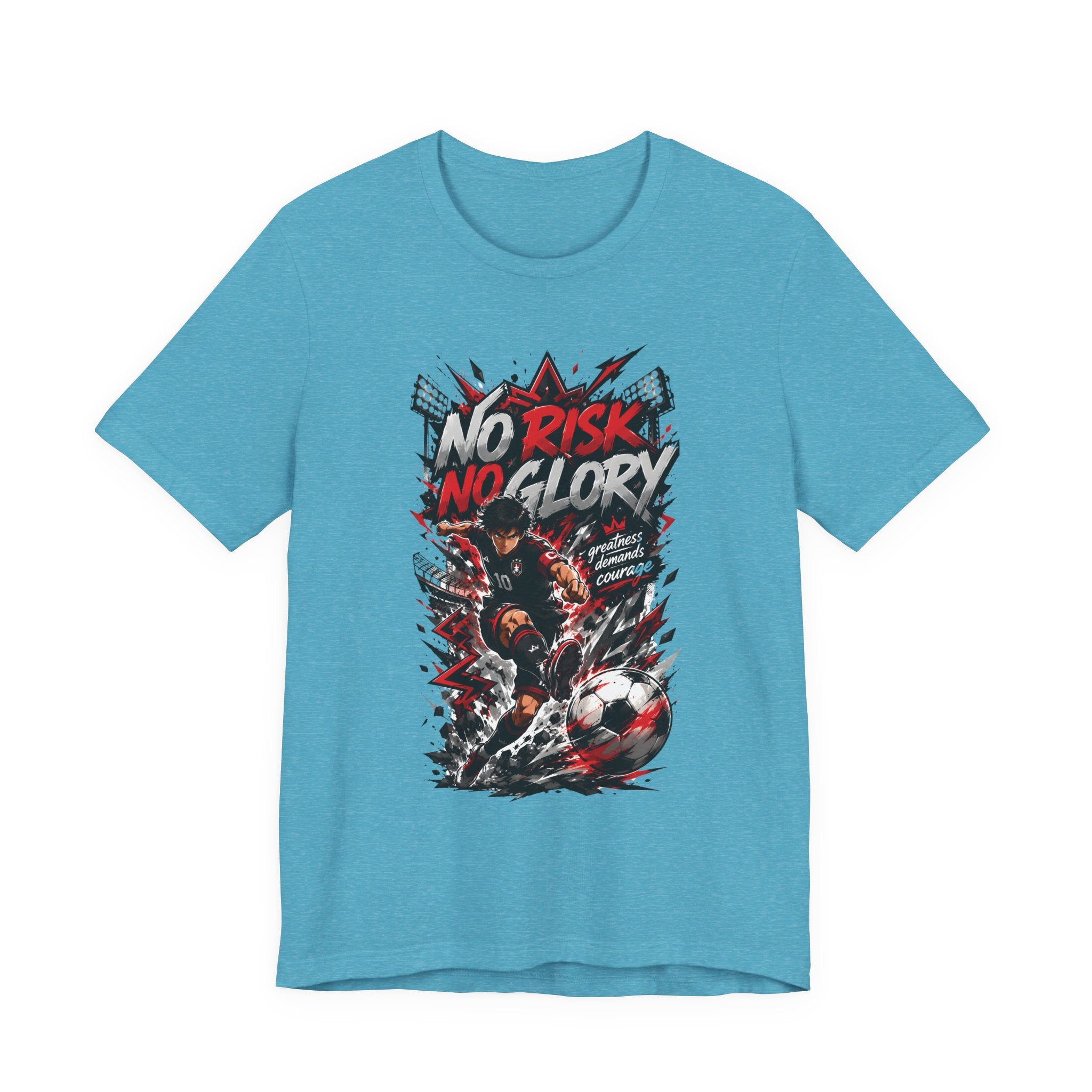 No Risk No Glory Soccer T-Shirt — Dynamic Football Player Graphic Tee