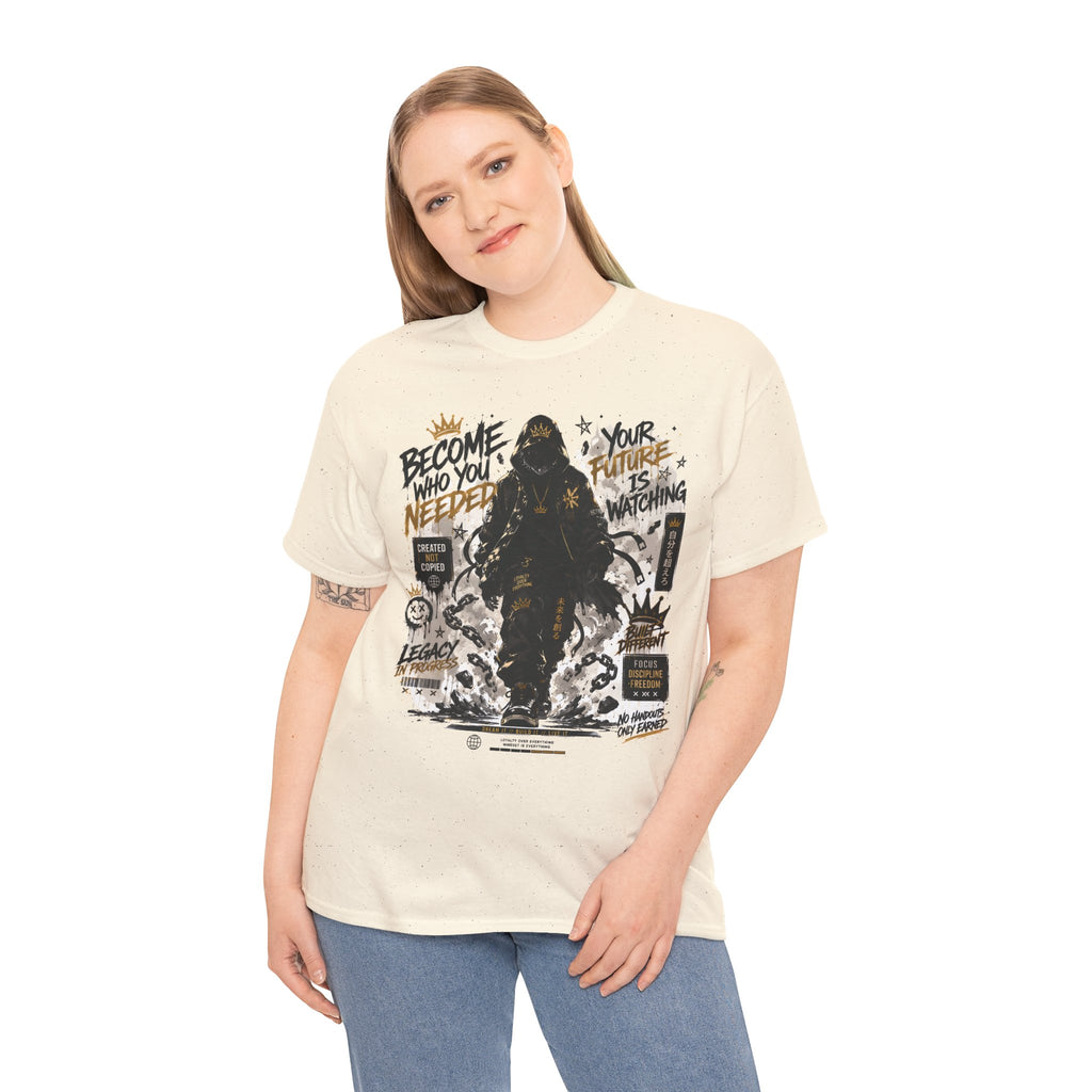 Motivational Soldier Graphic Tee – "Become Who You Needed" Inspirational Military Design