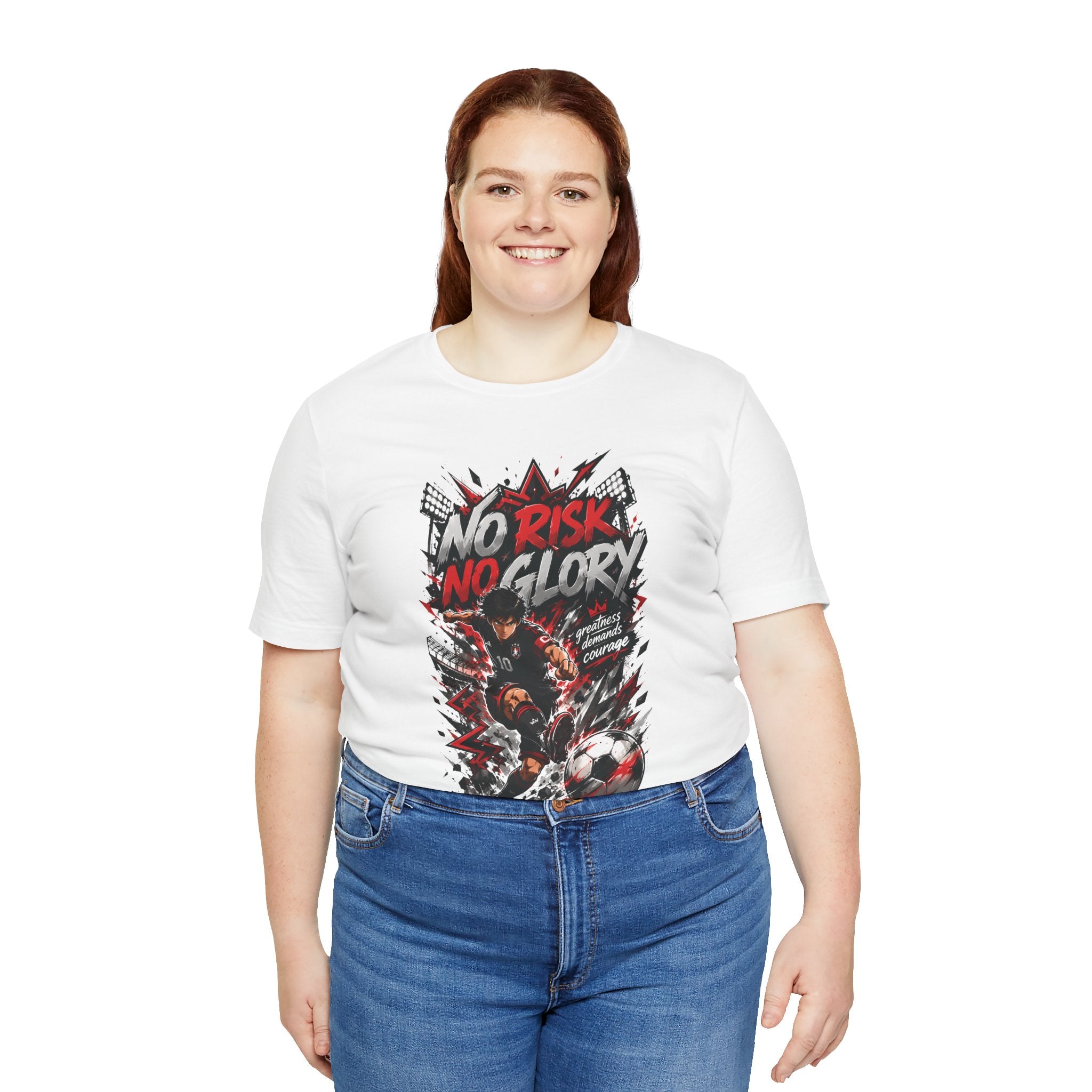 No Risk No Glory Soccer T-Shirt — Dynamic Football Player Graphic Tee