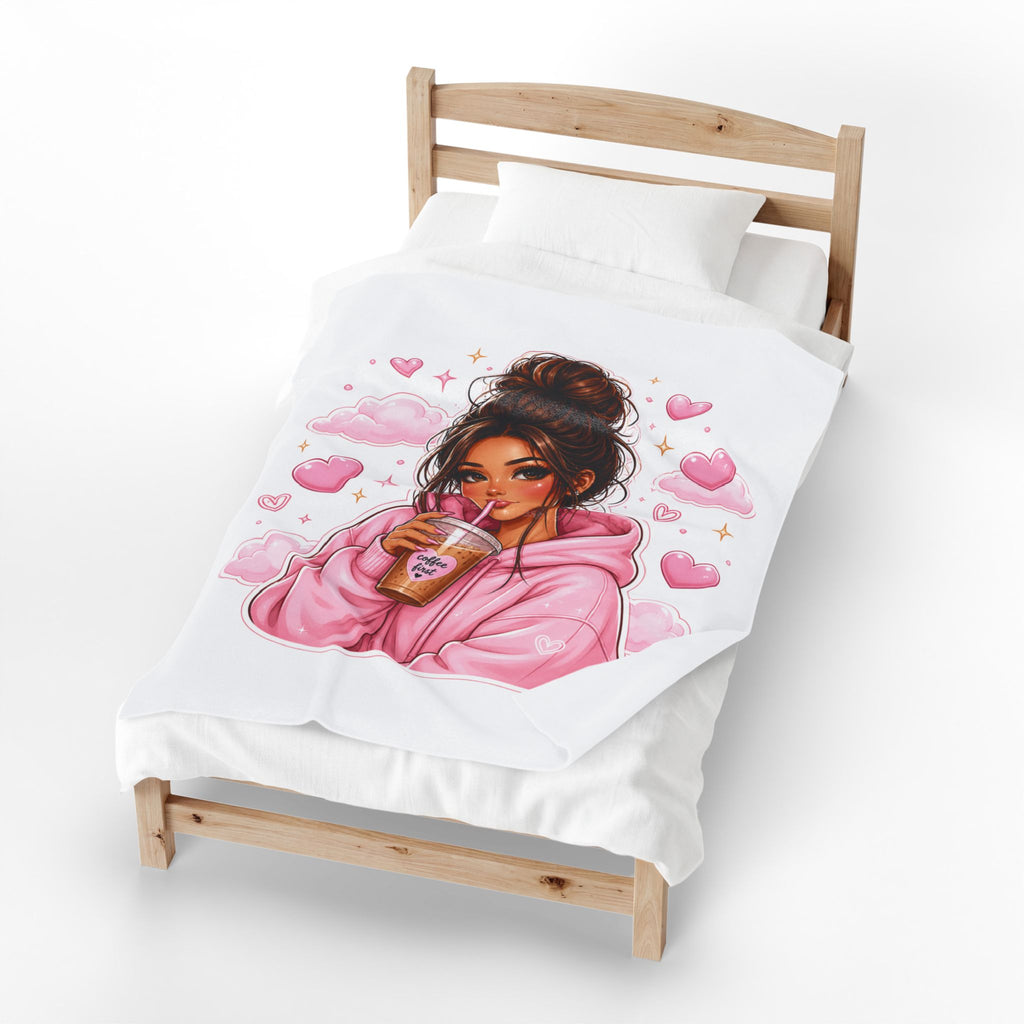 Velveteen Plush Blanket — Cozy Pink Hoodie Girl with Coffee Illustration