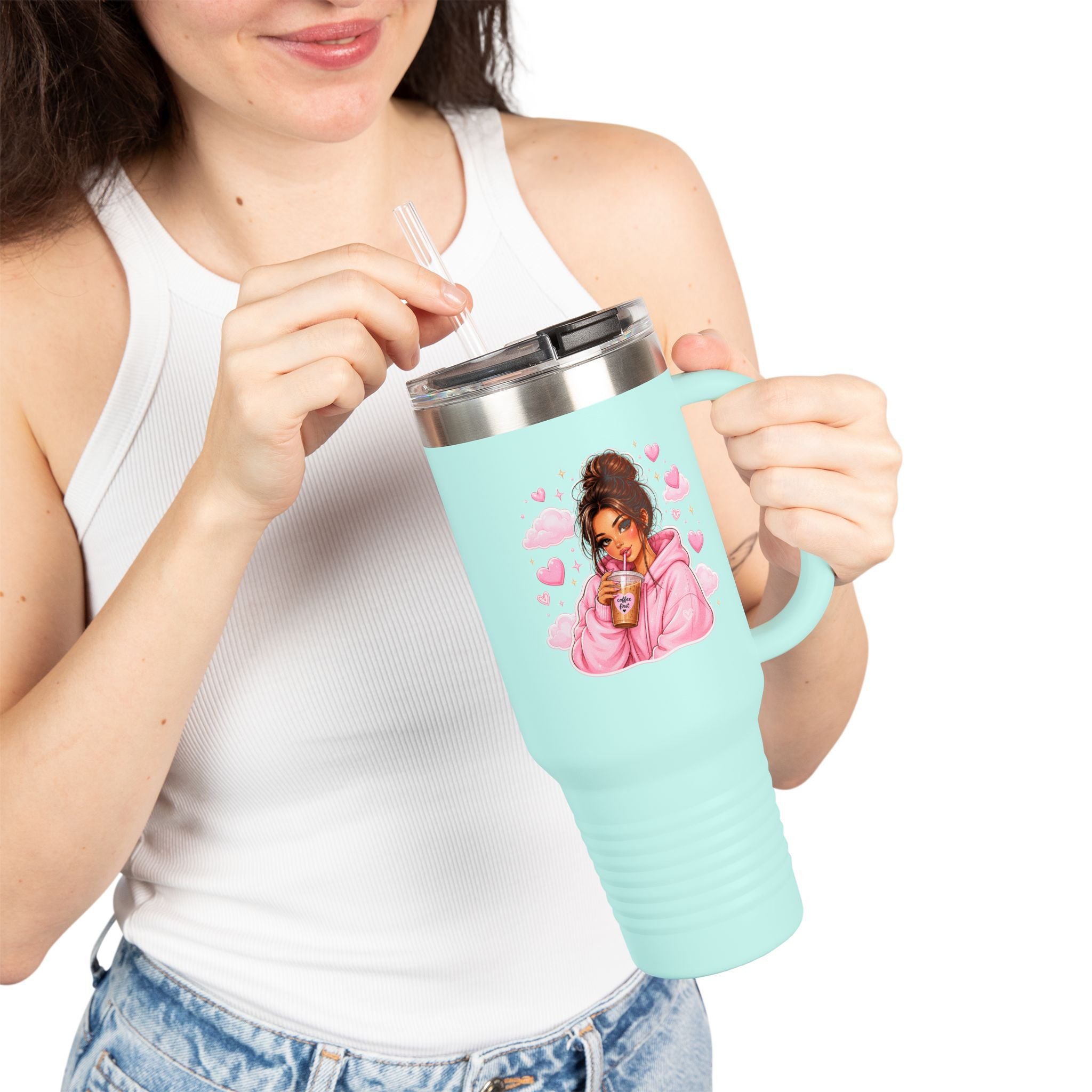 40oz Insulated Travel Mug — Cozy Girl Pink Hoodie Design