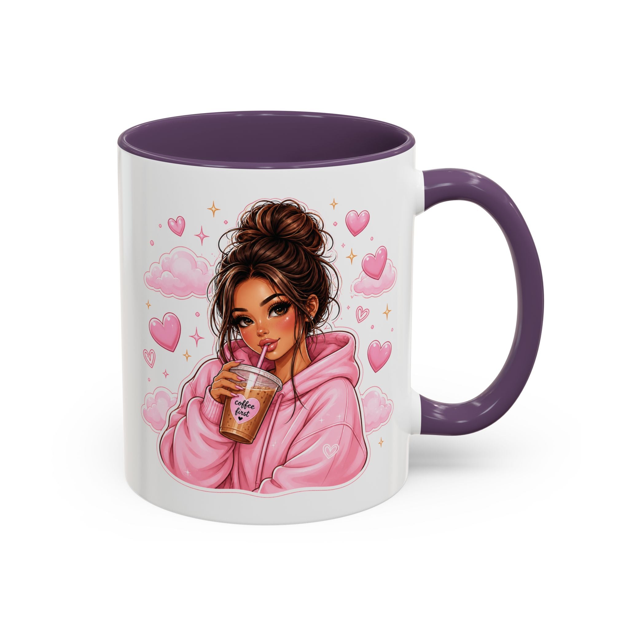 Cute Girl Pink Hoodie Coffee Mug — Iced Coffee Aesthetic Accent Mug (11/15oz)